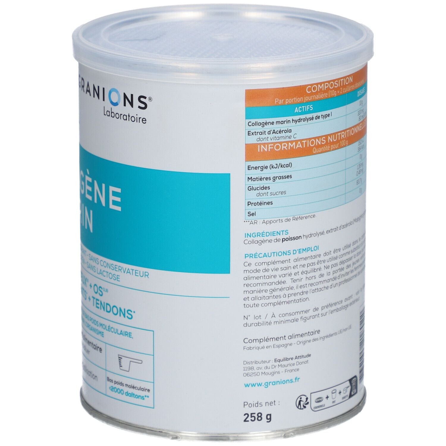 Dose mit Deckel. Rückseite mit Informationen zu Inhaltsstoffen und Nährwerten. Text: Zusammensetzung, Nährwertangaben, Inhaltsstoffe.