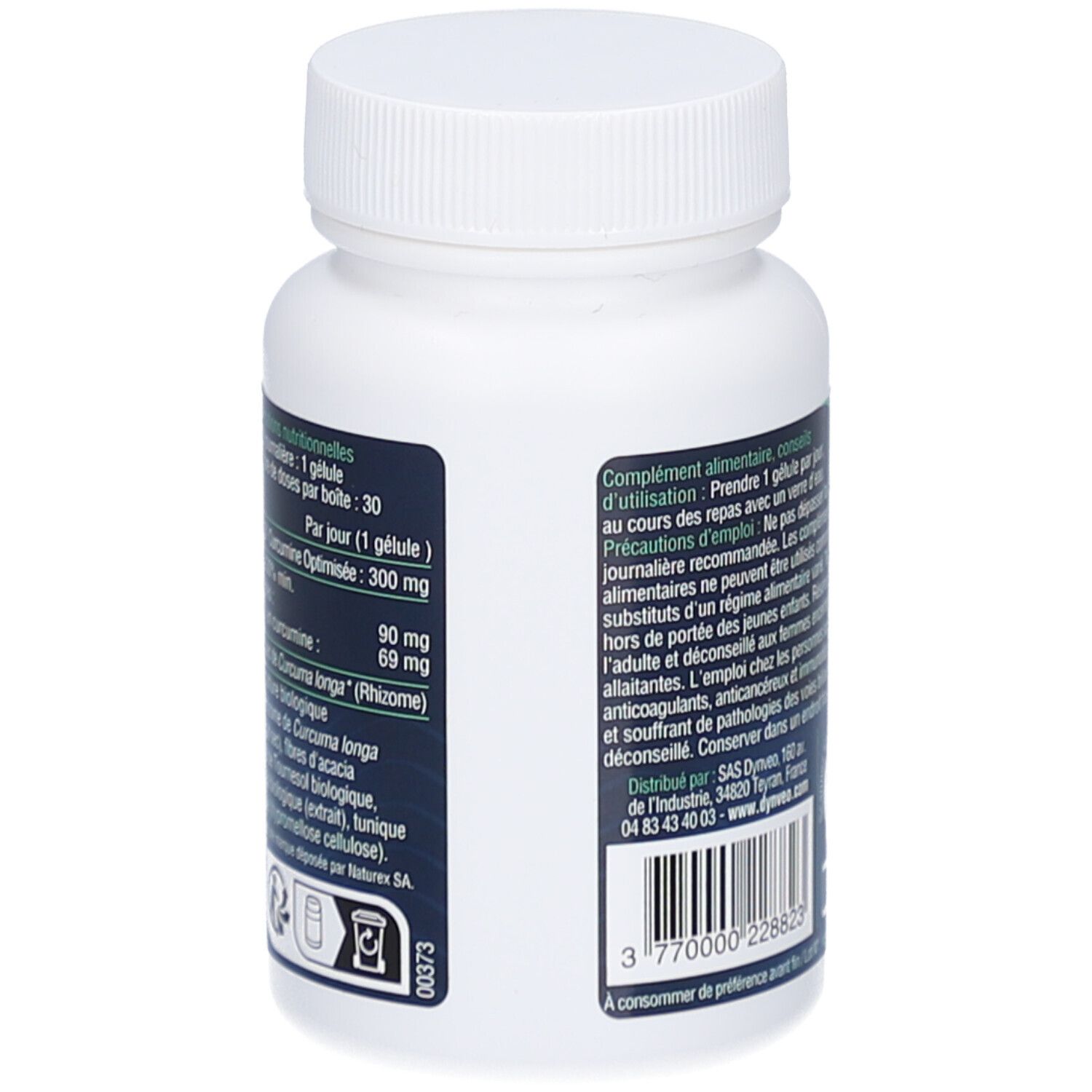 Rückseite der weißen Flasche. Text mit Inhaltsstoffen und Dosierung. Barcode. Aufschrift: 30 Kapseln.