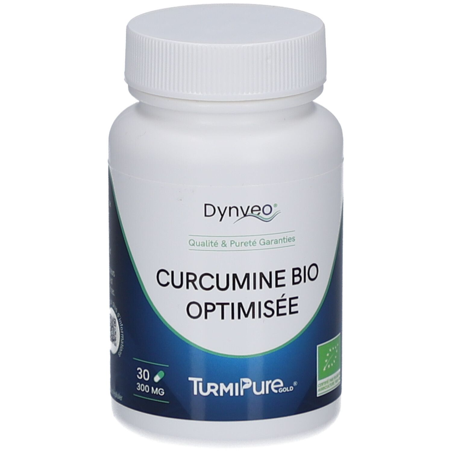 Weiße Flasche mit Kapseln. Aufschrift: CURCUMINE BIO OPTIMISEE. Logo: Dynveo. 30 Kapseln. Bio-Siegel.