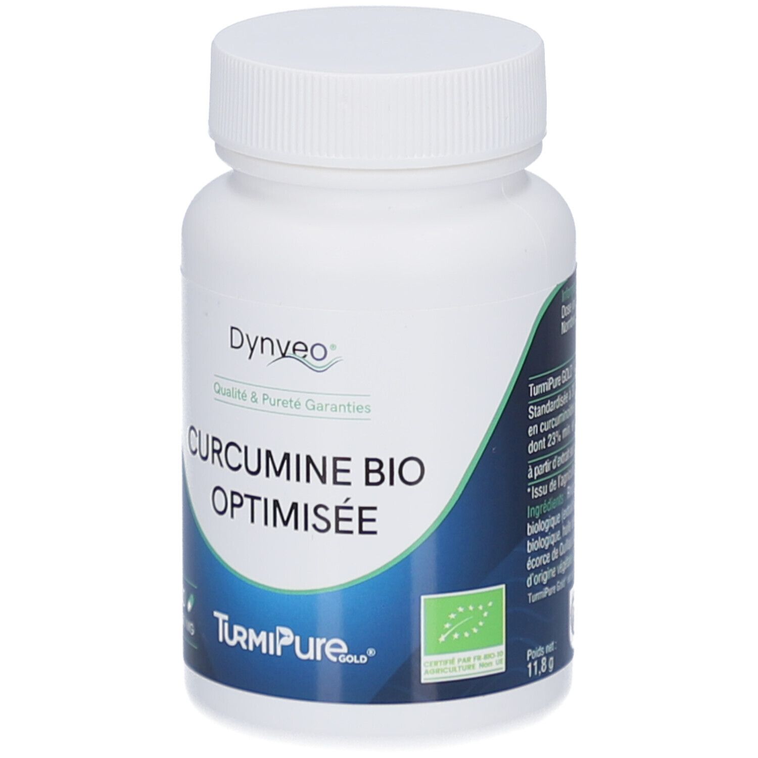 Weiße Flasche mit Kapseln. Aufschrift: CURCUMINE BIO OPTIMISEE. Logo: Dynveo. Bio-Siegel. Gewicht: 11,8 g.