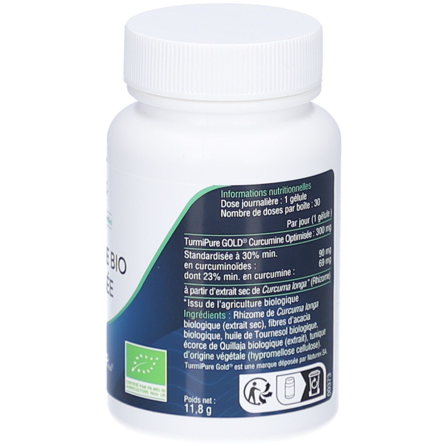 Rückseite der weißen Flasche. Text mit Inhaltsstoffen und Dosierung. Bio-Siegel. Gewicht: 11,8 g.