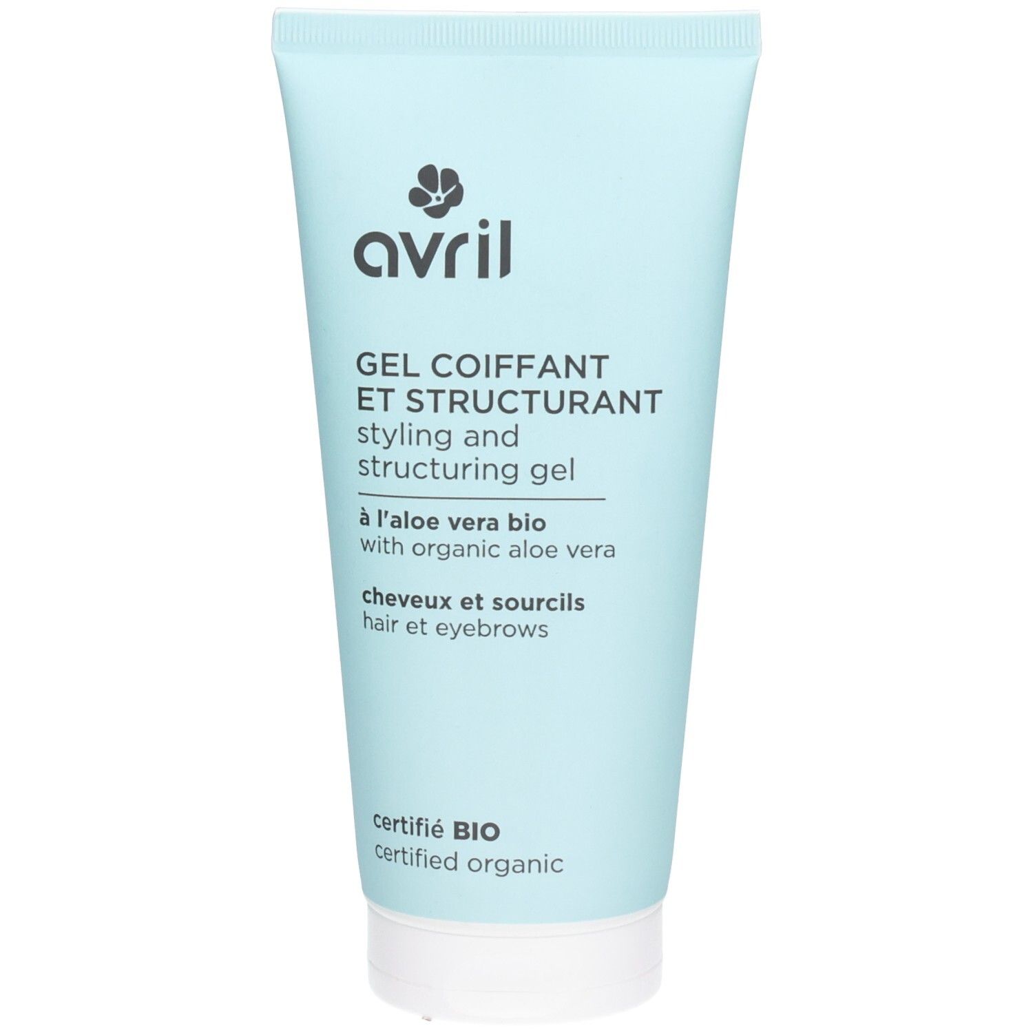 Hellblaues Gel in Tube. Aufschrift: Avril, Gel Coiffant et Structurant, à l'aloe vera bio. Zertifiziert BIO.