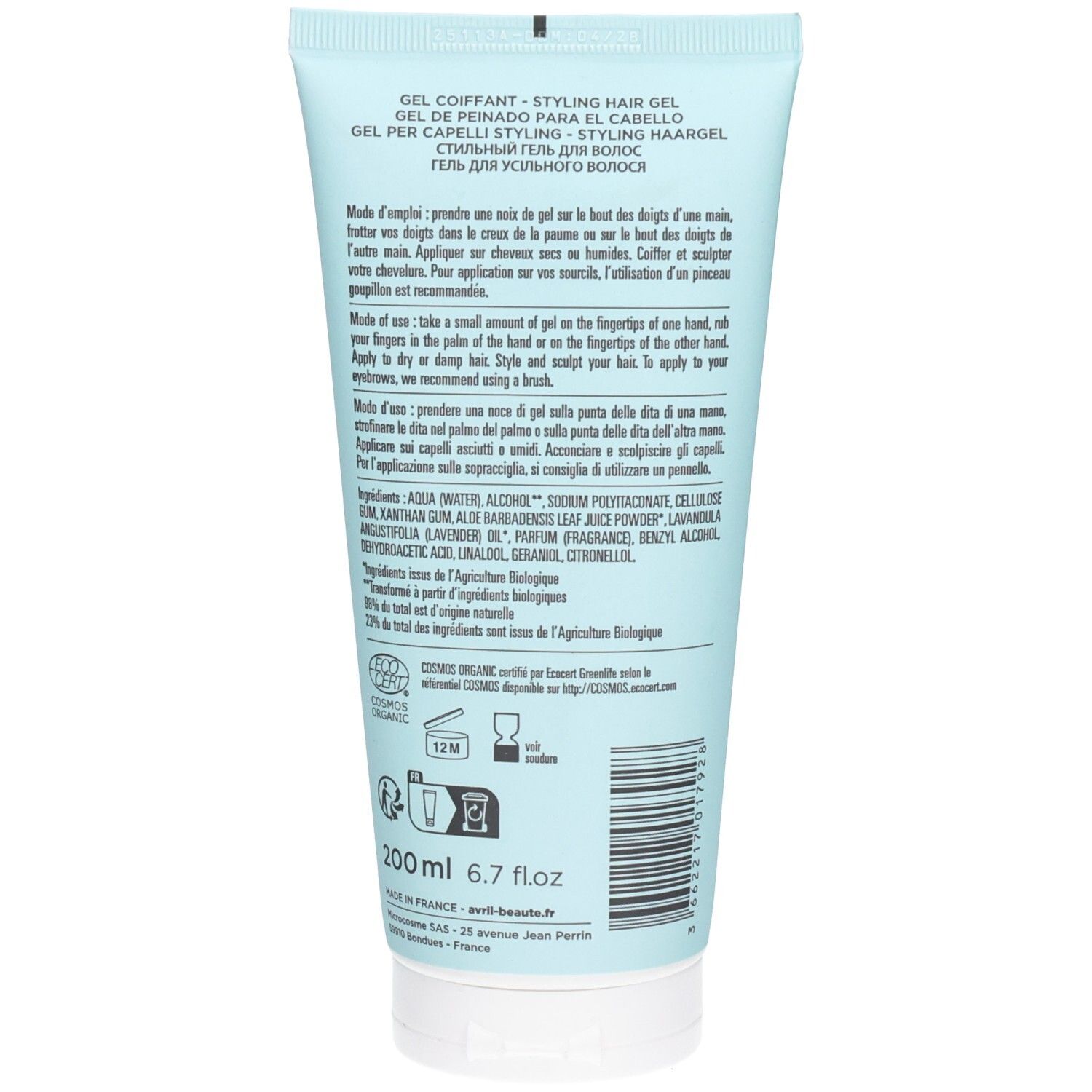 Rückseite der hellblauen Tube. Text: Gel Coiffant - Styling Hair Gel. Inhaltsstoffe, Gebrauchsanweisung, Zertifizierungen.