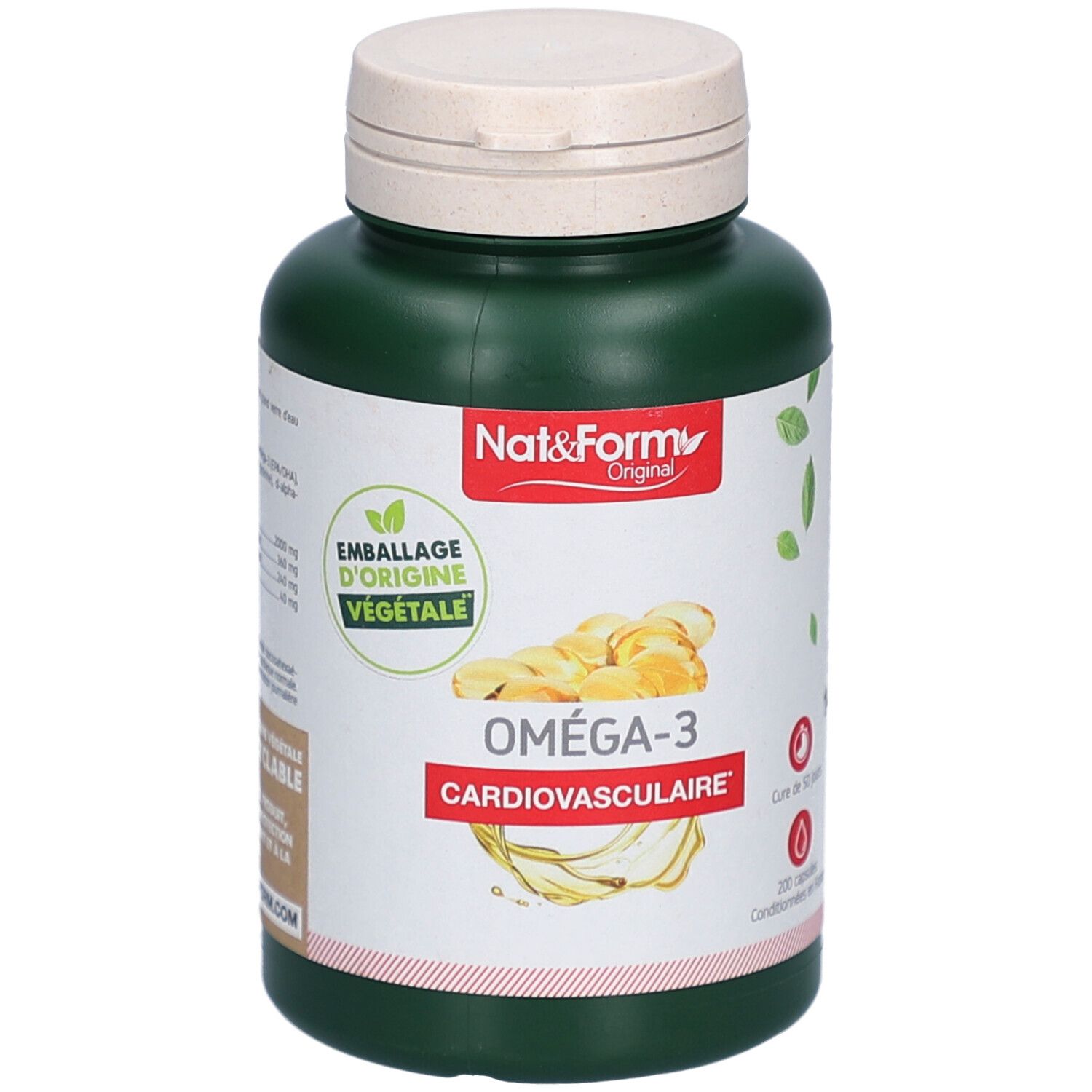 Grüne Flasche mit weißem Deckel. Aufschrift: Nat&Form Original, Oméga-3 Cardiovasculaire. Vegetarische Verpackung.
