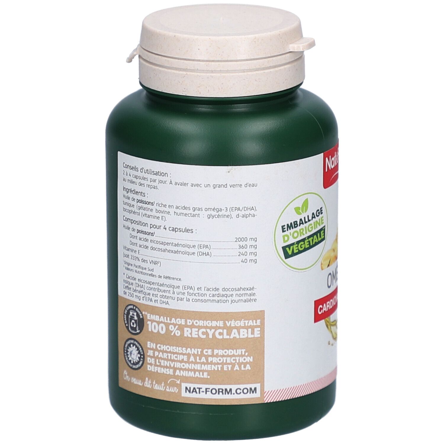Rückseite der grünen Flasche. Text: Inhaltsstoffe, Dosierung, Zusammensetzung. Verpackung 100% recycelbar.
