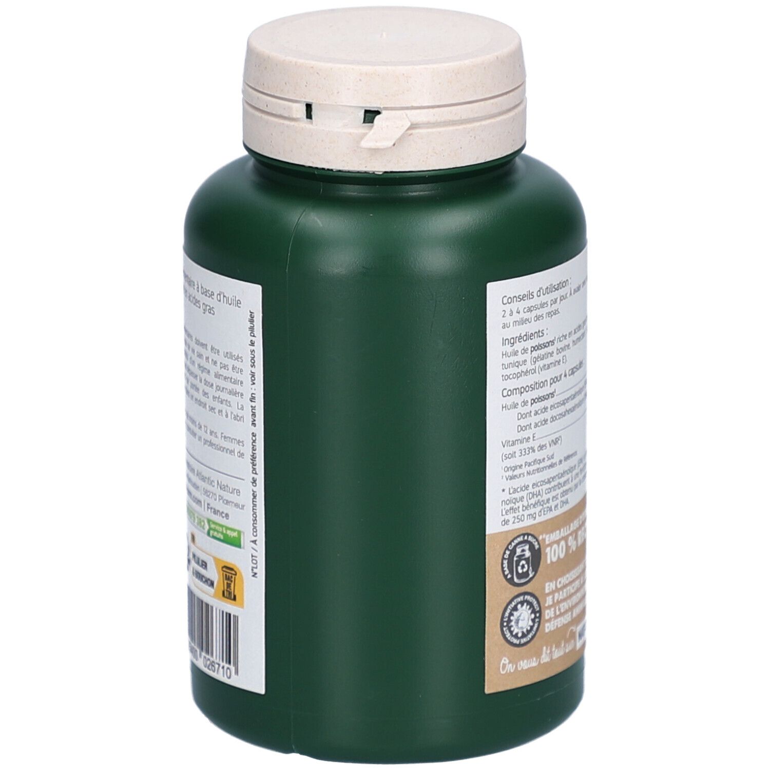 Seitenansicht der grünen Flasche mit weißem Deckel. Text: Inhaltsstoffe, Dosierung, Zusammensetzung.