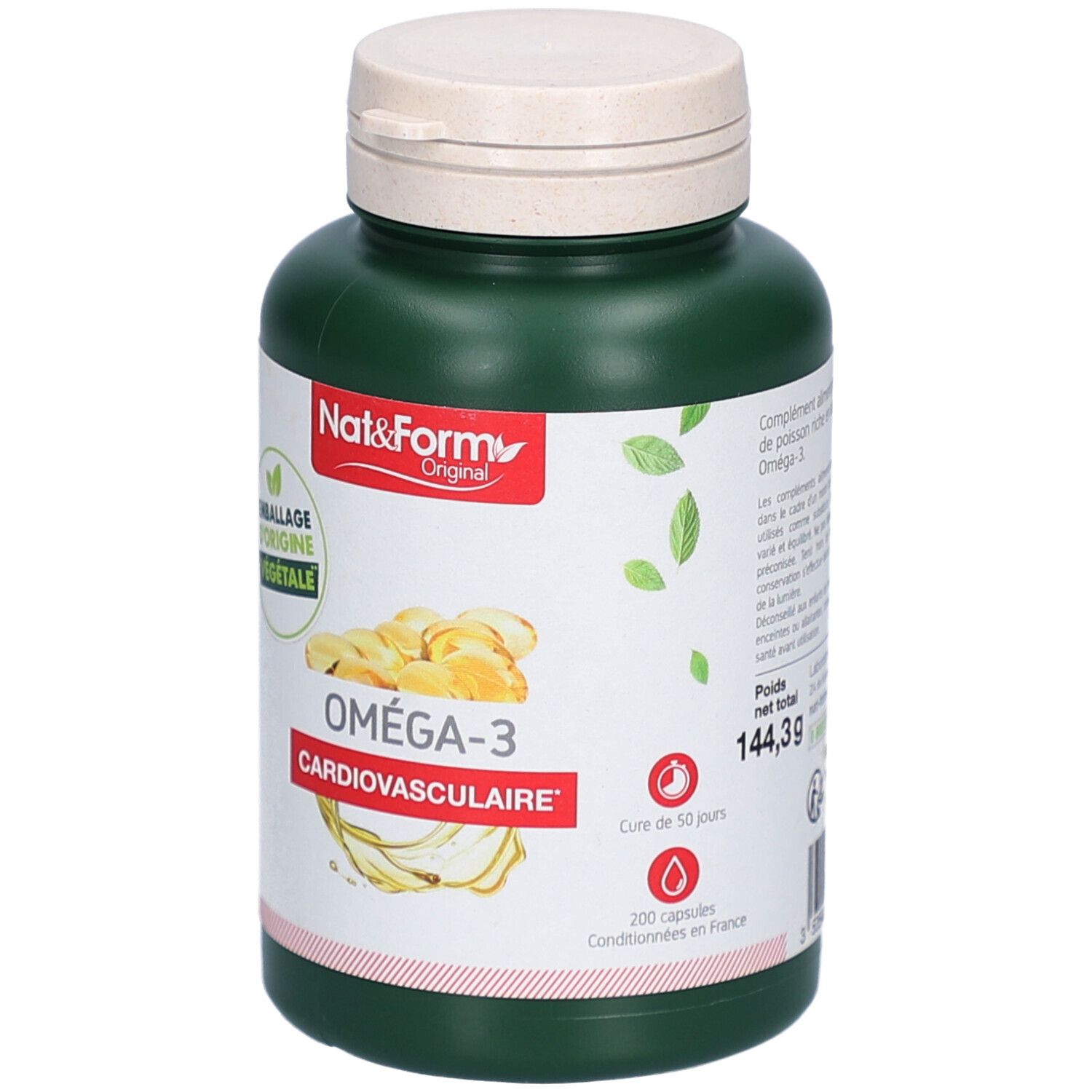 Grüne Flasche mit weißem Deckel. Aufschrift: Nat&Form Original, Oméga-3 Cardiovasculaire. 200 Kapseln.