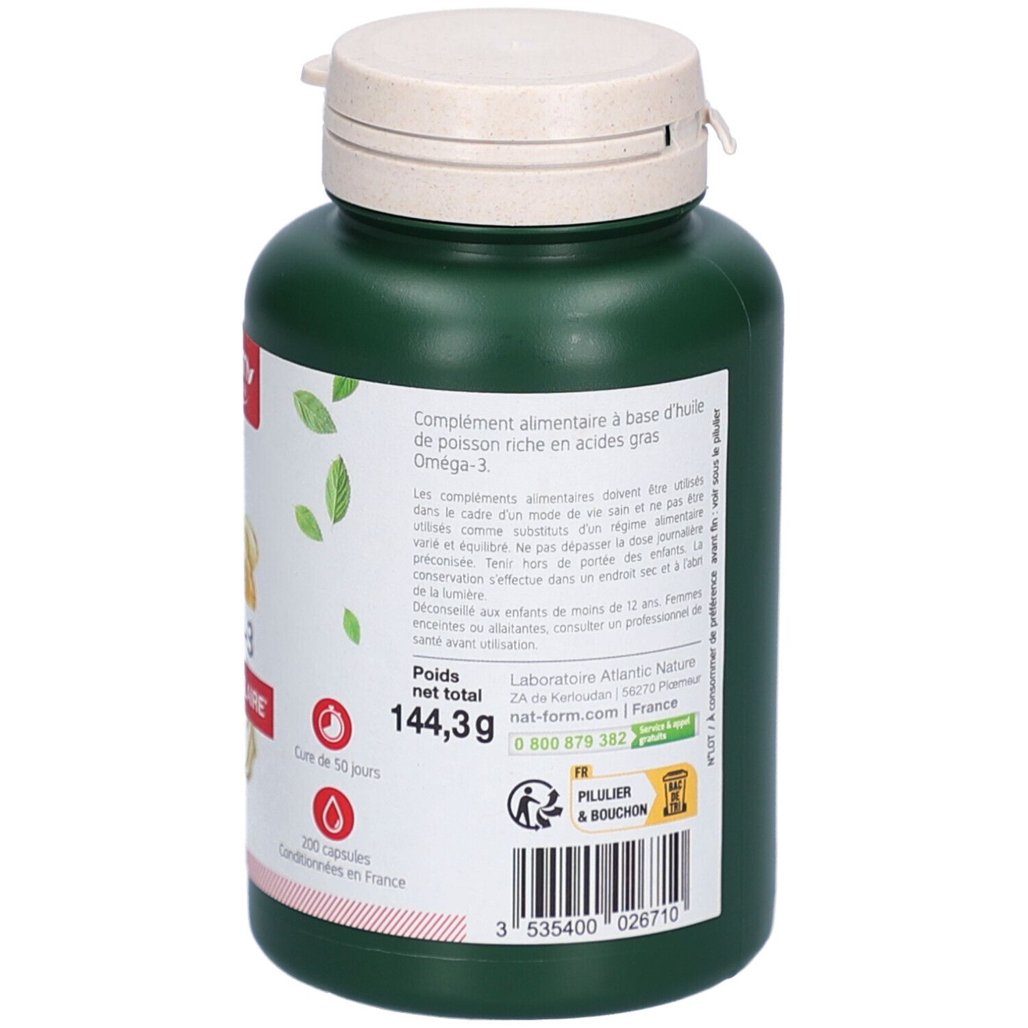 Rückseite der grünen Flasche. Text: Nahrungsergänzungsmittel, Inhaltsstoffe, Gewicht. 200 Kapseln.