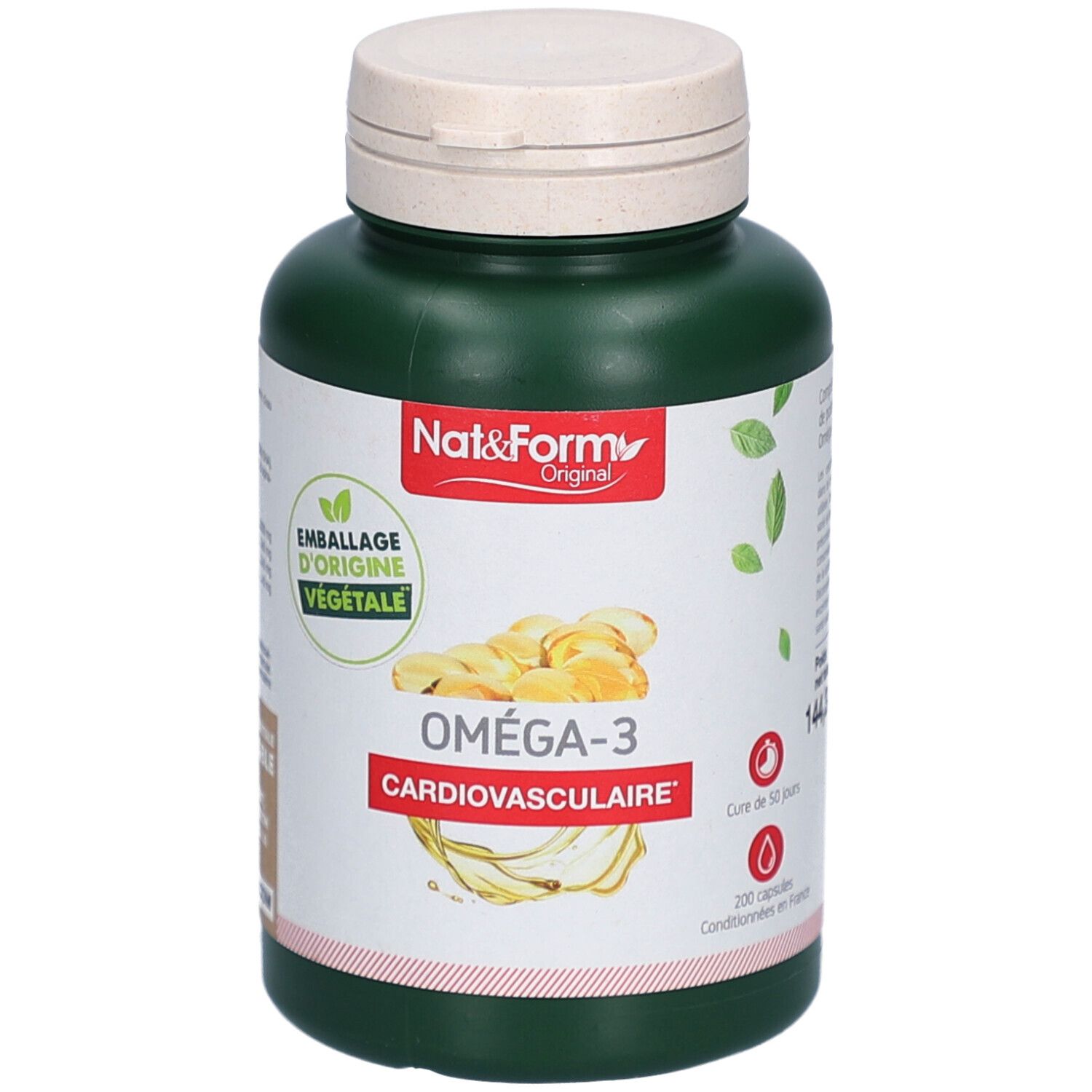 Grüne Flasche mit weißem Deckel. Aufschrift: Nat&Form Original, Oméga-3 Cardiovasculaire. 200 Kapseln.