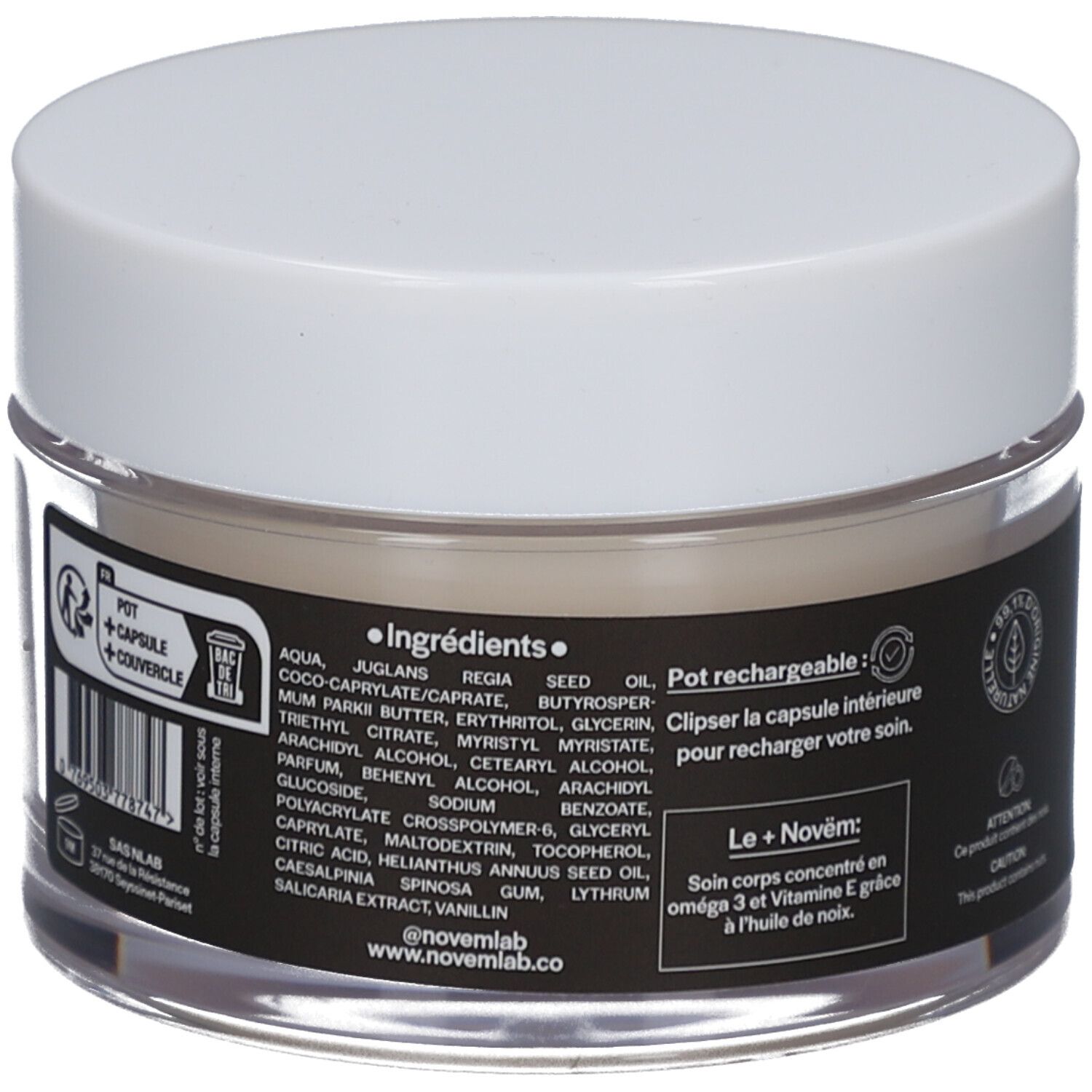 Rückseite des Cremetiegels. Schwarzes Etikett mit Inhaltsstoffen und Text: Pot rechargeable, Le+Novëm. Weißer Deckel, durchsichtiges Glas.