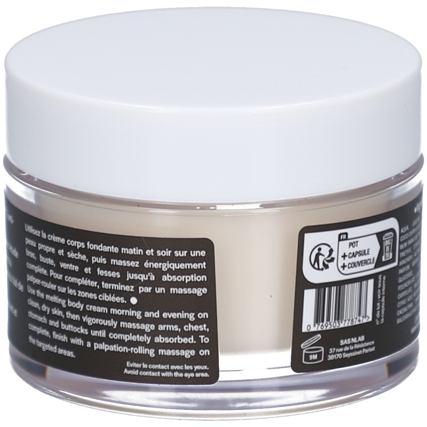Cremetiegel mit weißem Deckel. Schwarzes Etikett mit Text: Utilisez la crème corps fondante, Le+Novëm. Durchsichtiges Glas.