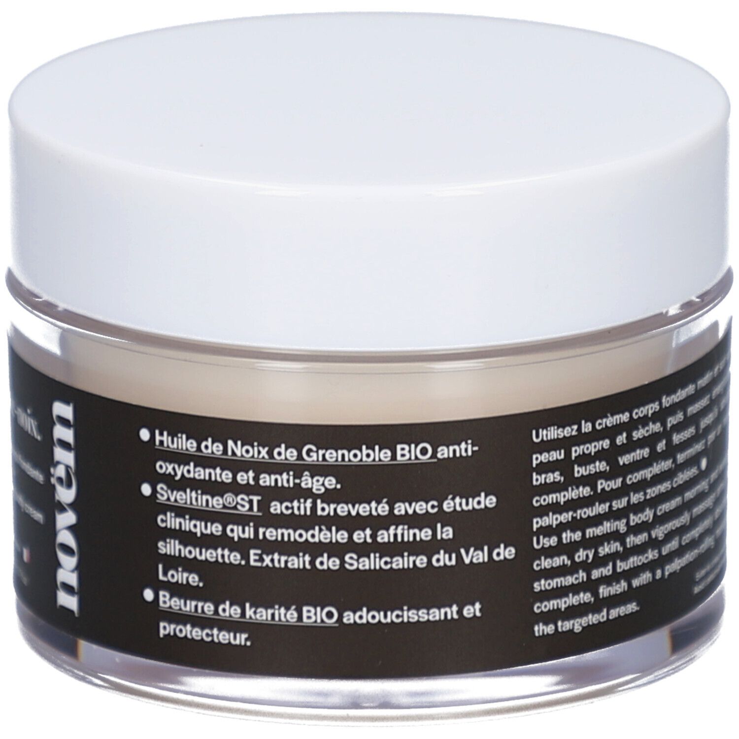 Cremetiegel mit weißem Deckel. Schwarzes Etikett mit Text: Sculpt-noix, La crème corps fondante, novëm. 200 ml. Durchsichtiges Glas.