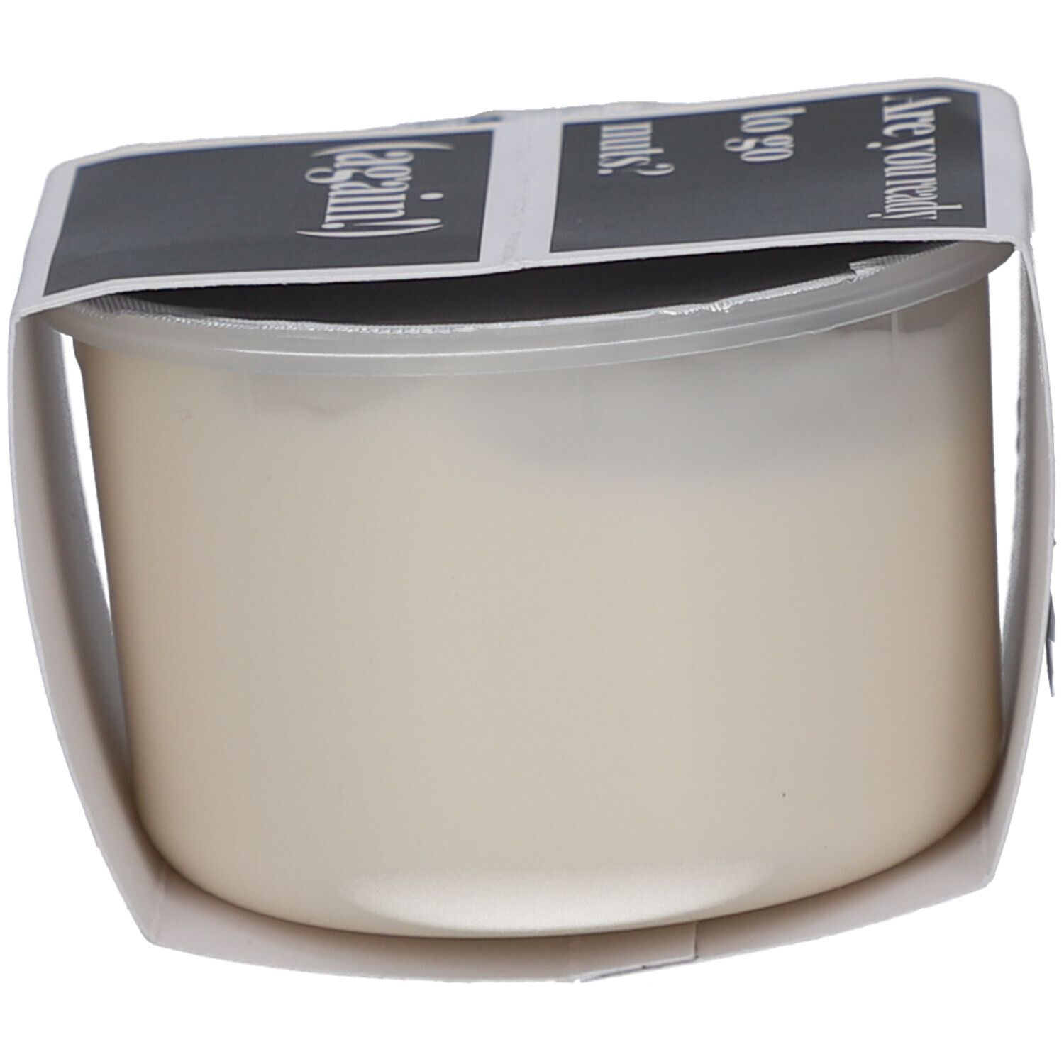 Behälter mit Creme, Ansicht von der Seite. Aufkleber mit Text: Are you ready to go nuts? (again!).