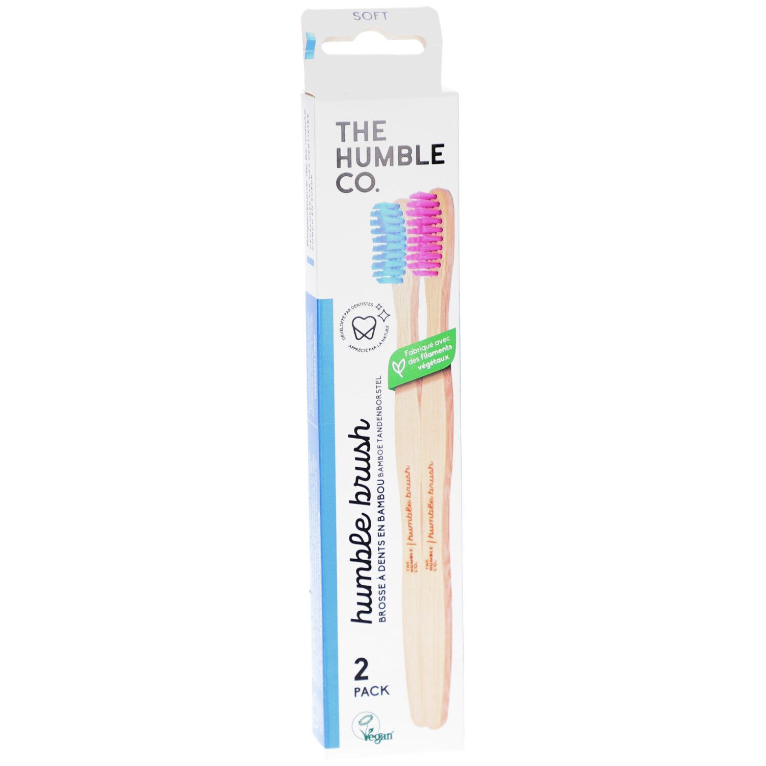 Zahnbürsten-Packung. Zwei Zahnbürsten mit blauen und pinkfarbenen Borsten. Marke: The Humble Co.