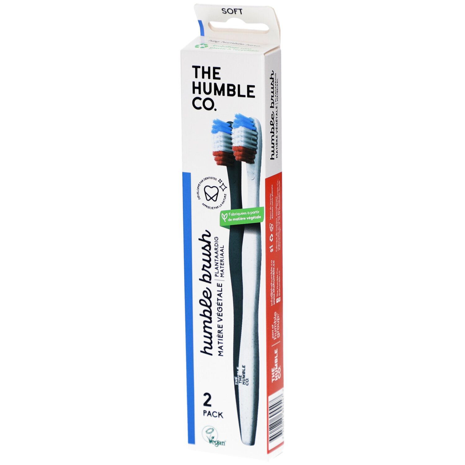 Zahnbürsten-Packung mit zwei Bürsten. Blaue und rote Borsten. Verpackung mit Markenlogo und Produktbezeichnung.