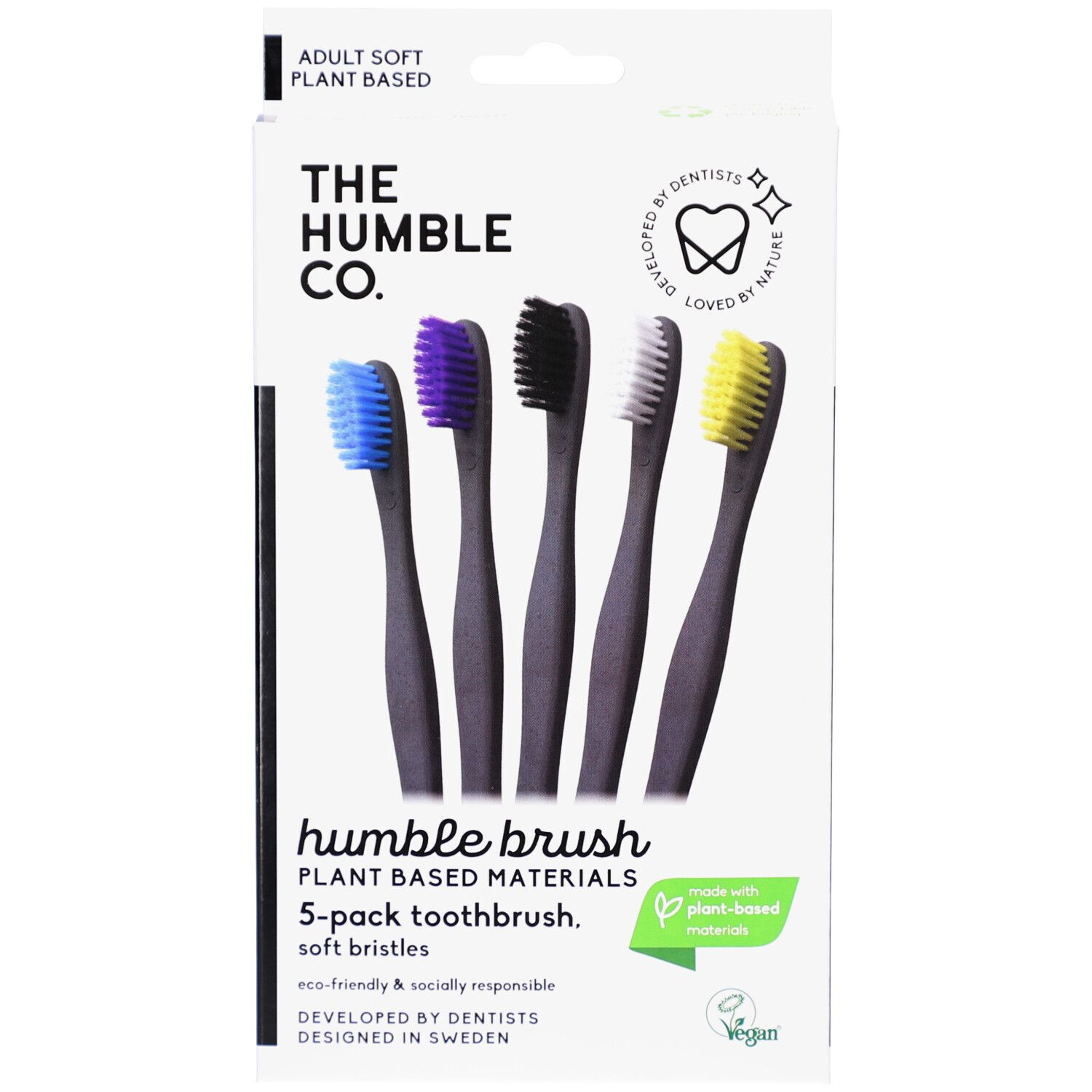Paquet de 5 brosses à dents. Couleurs : bleu, violet, noir, blanc et jaune. "THE HUMBLE CO." et "5-pack toothbrush" sont visibles.