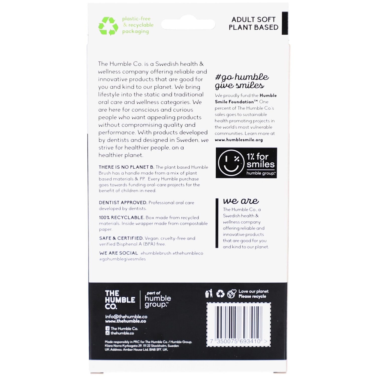 Dos du paquet de brosses à dents. Texte : "THE HUMBLE CO.", "1% for smiles", "plastic free & recyclable packaging" et code-barres.