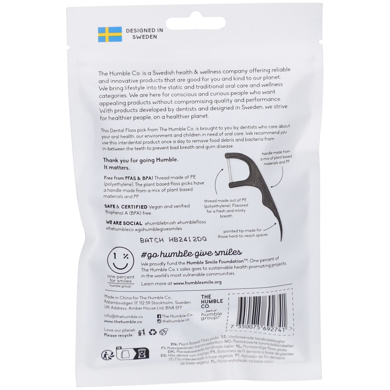 Rückseite der weißen Verpackung. Text: THE HUMBLE CO., Zahnseide-Picks, vegan, hergestellt aus Pflanzenmaterialien.