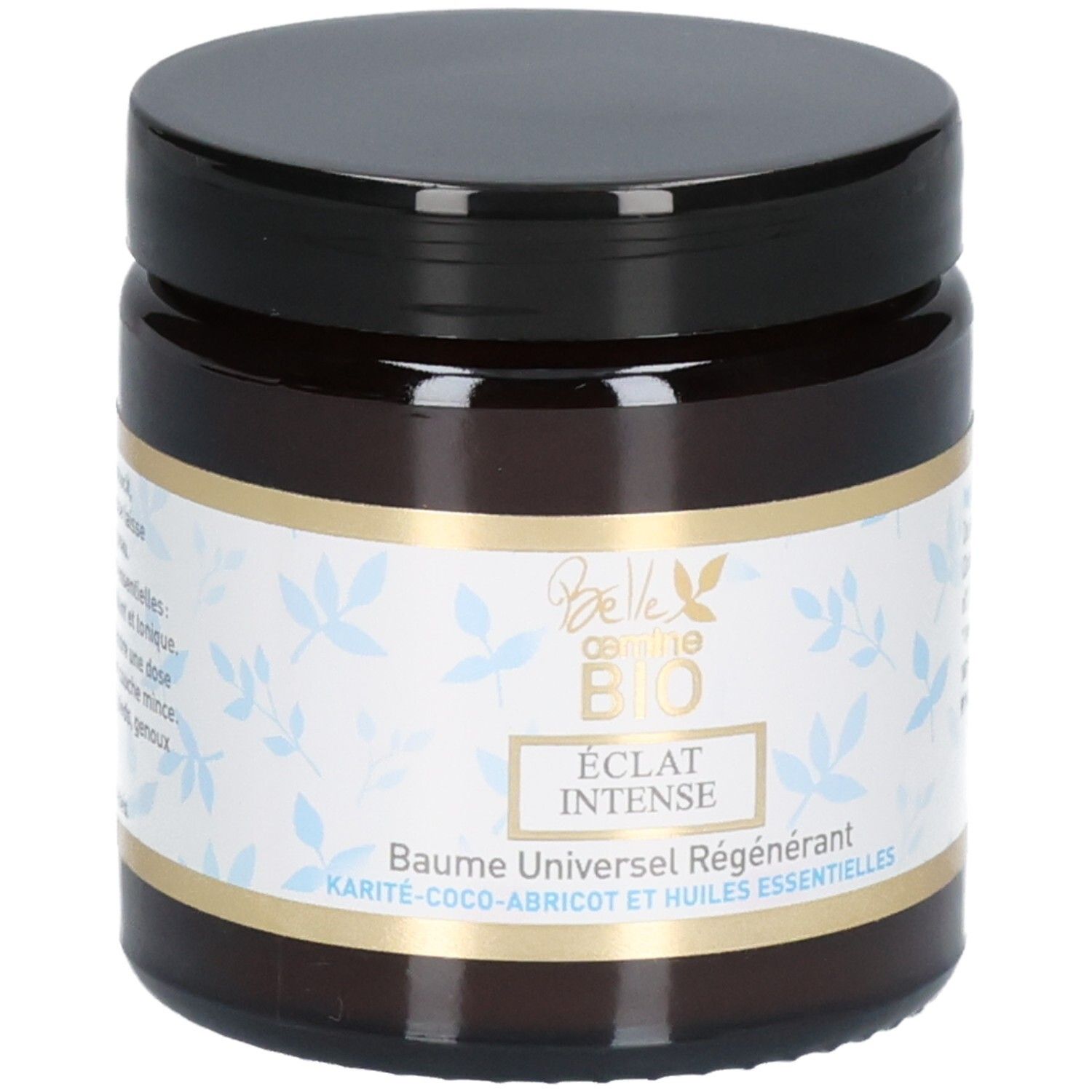 Braune Glasdose mit schwarzem Deckel, Etikett mit blauem Blattmuster und goldenen Akzenten. Enthält Belle oemine Bio Eclat Intense Baume Universel Régénérant.