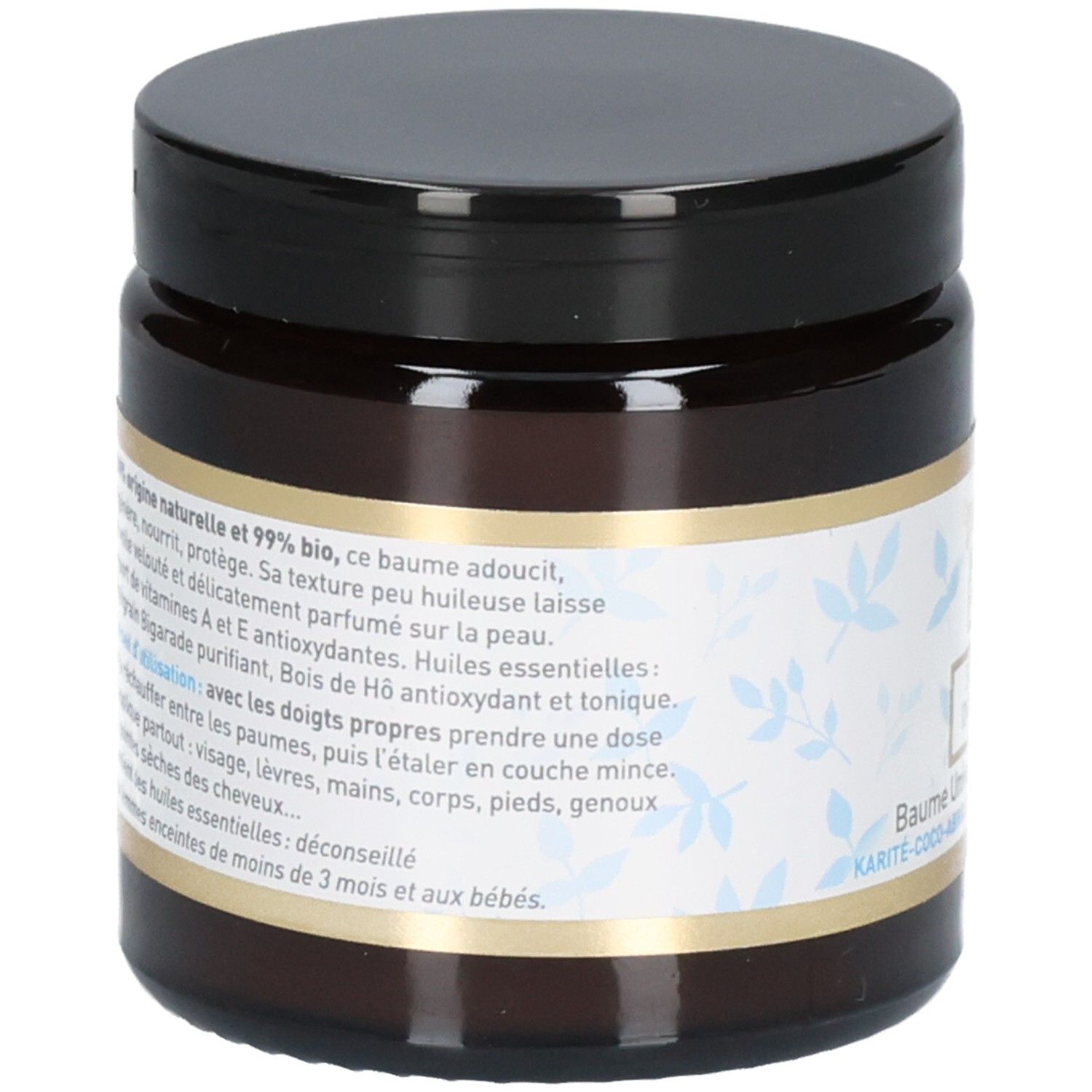 Rückseite der braunen Glasdose. Etikett mit detaillierten Produktinformationen und Inhaltsstoffen in französischer Sprache. Enthält Belle oemine Bio Eclat Intense Baume Universel Régénérant.