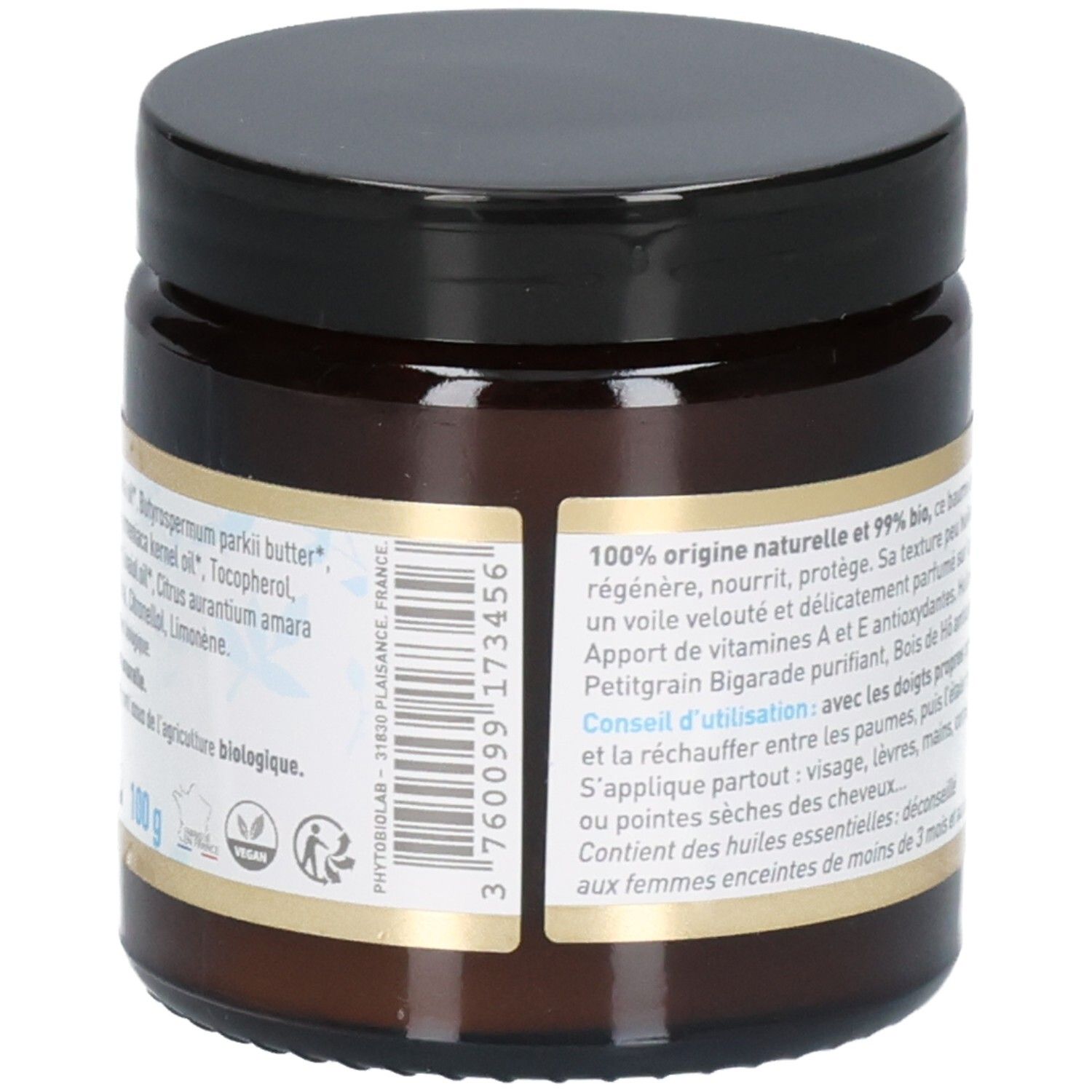 Seite der braunen Glasdose mit Etikett, das Inhaltsstoffe, Barcode und Siegel zeigt. Enthält Belle oemine Bio Eclat Intense Baume Universel Régénérant.