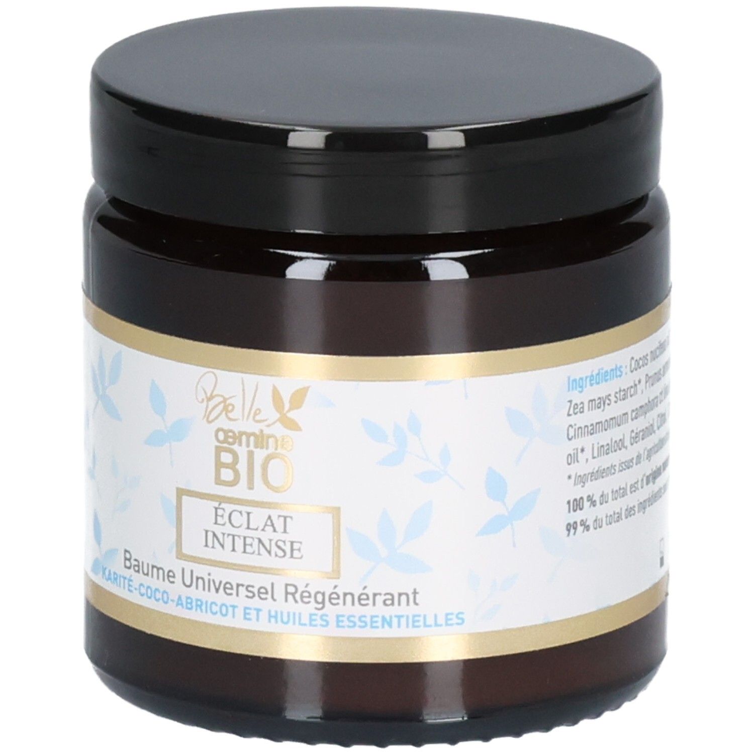 Braune Glasdose mit schwarzem Deckel. Etikett mit Produktnamen und Inhaltsstoffen wie Karité, Coco, Aprikot und ätherischen Ölen. Enthält Belle oemine Bio Eclat Intense Baume Universel Régénérant.