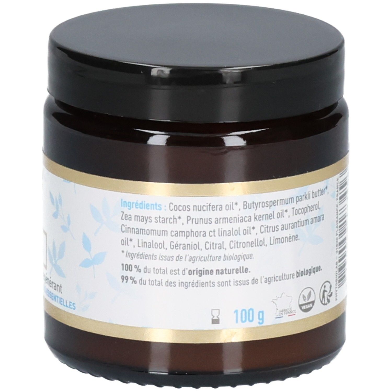 Nahaufnahme der Inhaltsstoffliste auf dem Etikett der braunen Glasdose. Enthält Belle oemine Bio Eclat Intense Baume Universel Régénérant.