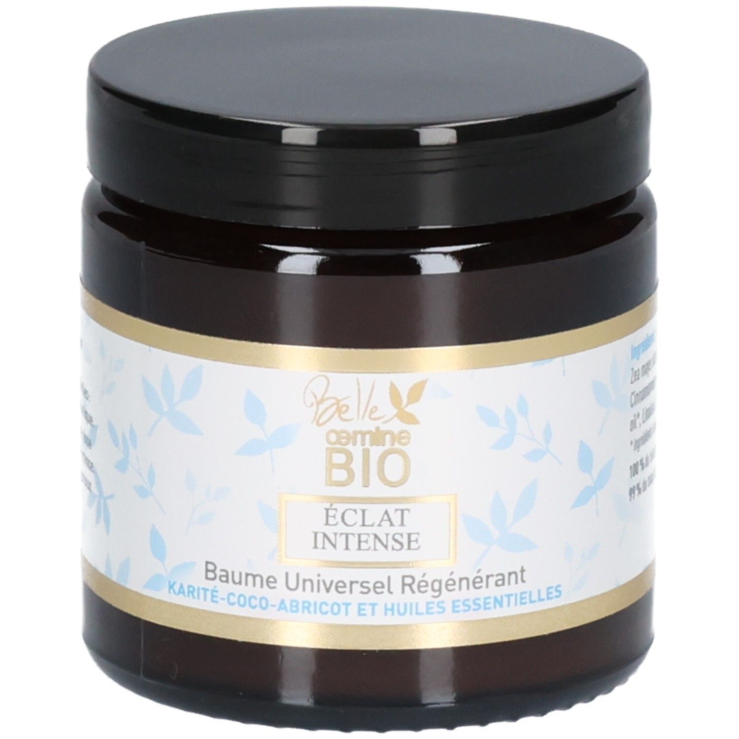 Braune Glasdose mit schwarzem Deckel, 100g Angabe und Siegeln. Enthält Belle oemine Bio Eclat Intense Baume Universel Régénérant.