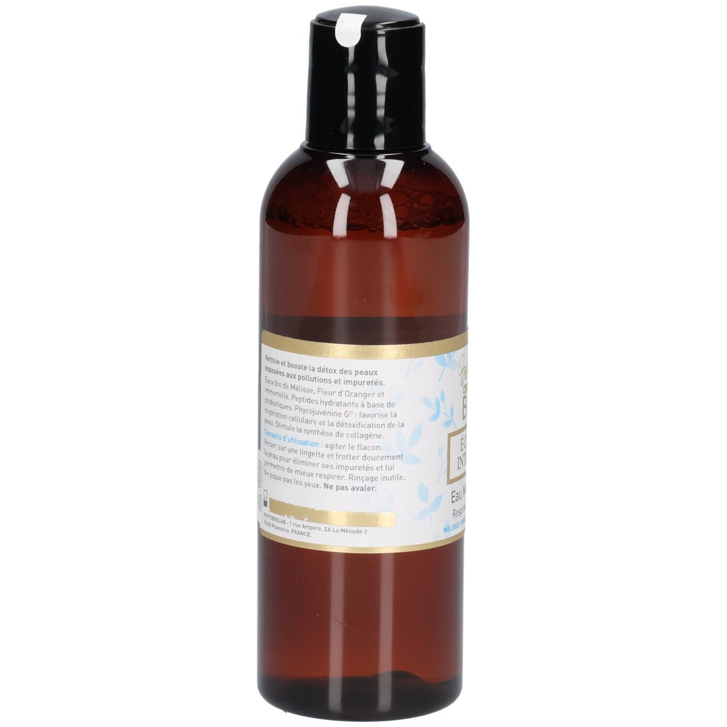 Rückseite einer braunen Flasche mit Etikett, das Inhaltsstoffe und Anwendung beschreibt.
