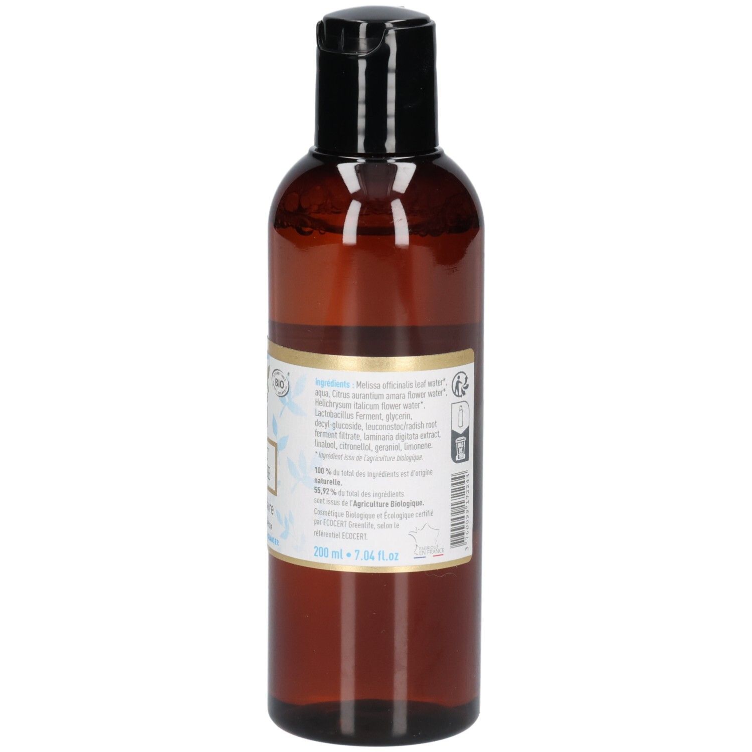 Rückseite einer braunen Flasche mit Etikett, das Inhaltsstoffe und BIO-Zertifizierung zeigt.