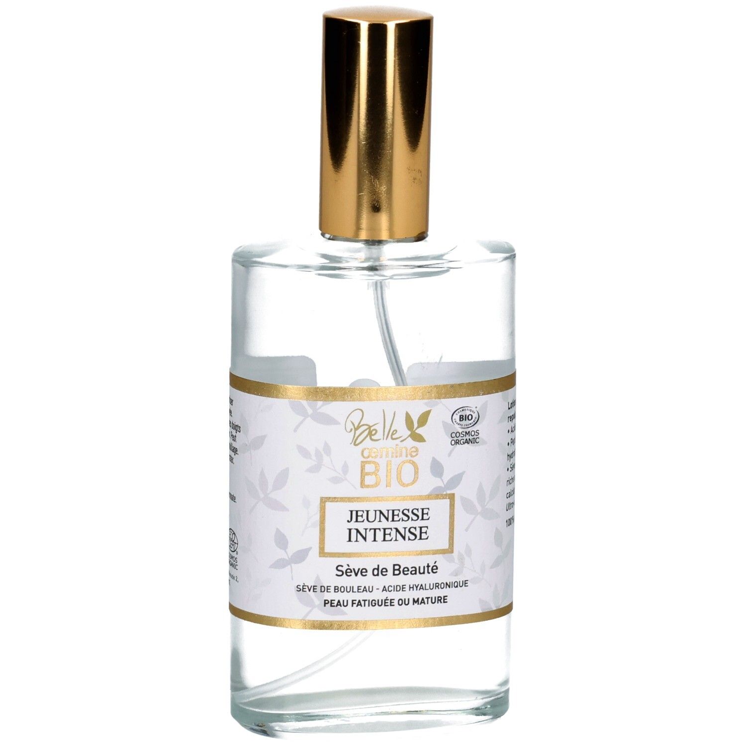Glasflasche mit Pumpsprühkopf und goldenem Verschluss. Enthält ein klares Serum.