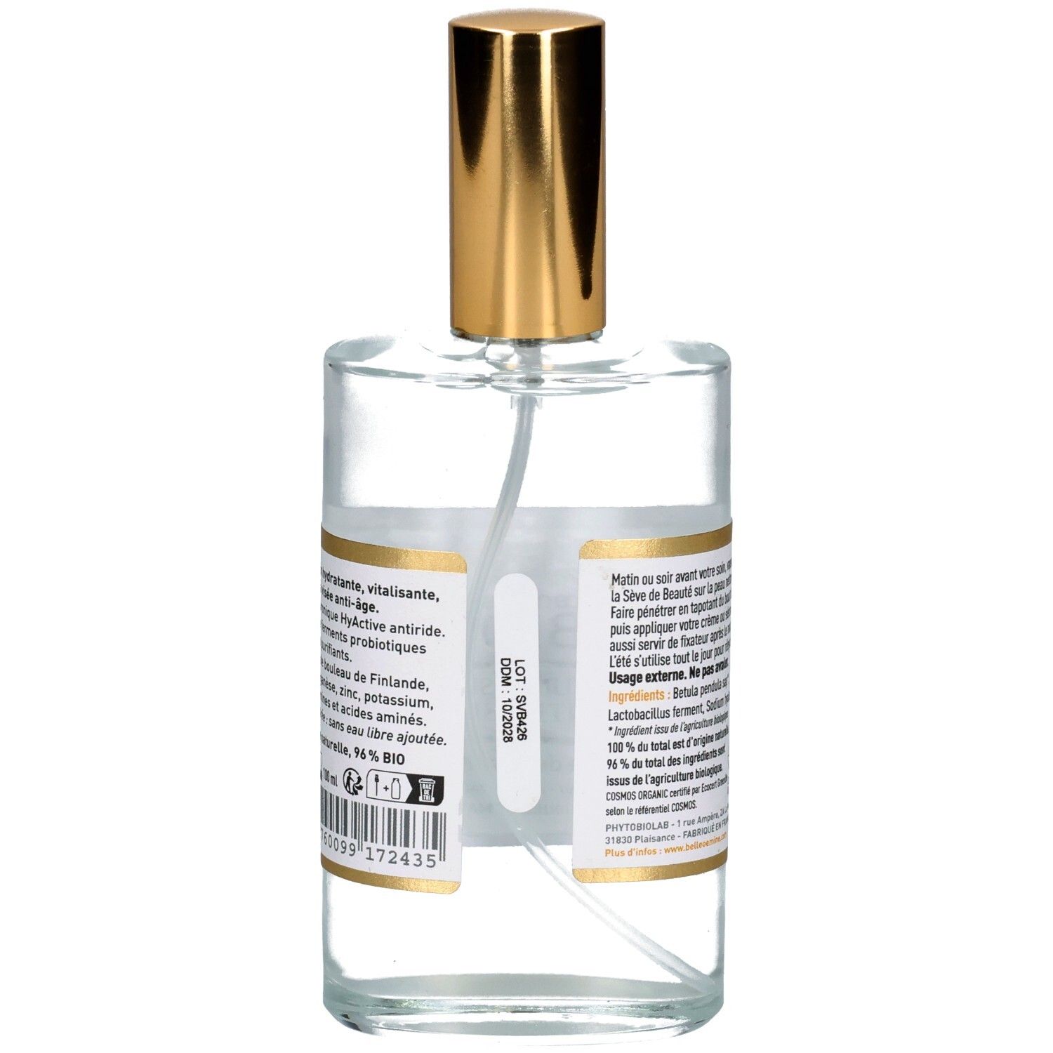 Rückseite einer Glasflasche mit Pumpsprühkopf. Etikett mit Barcode und Produktinformationen.
