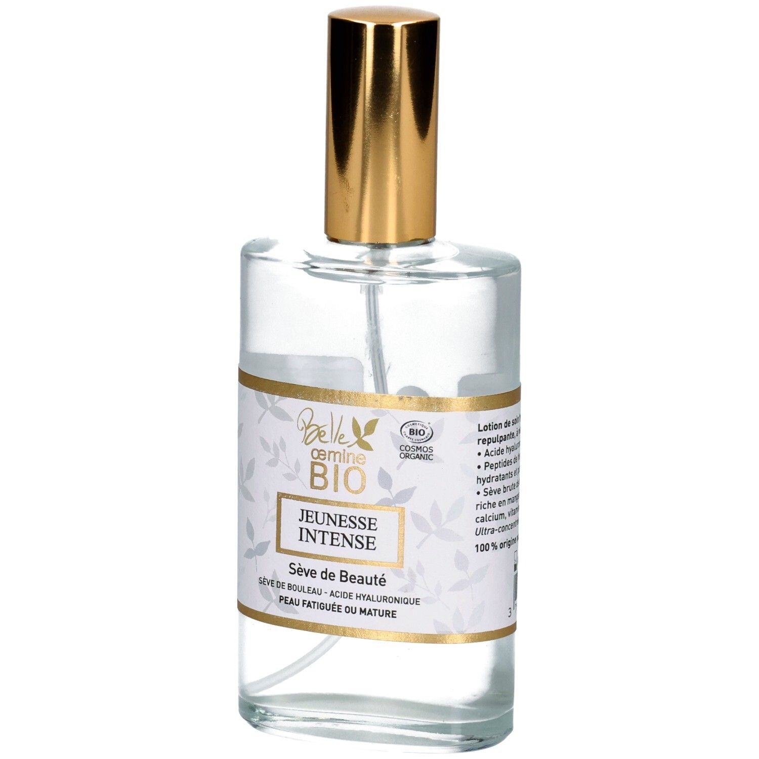 Glasflasche mit Pumpsprühkopf und goldenem Verschluss. Frontetikett mit Produktbezeichnung.