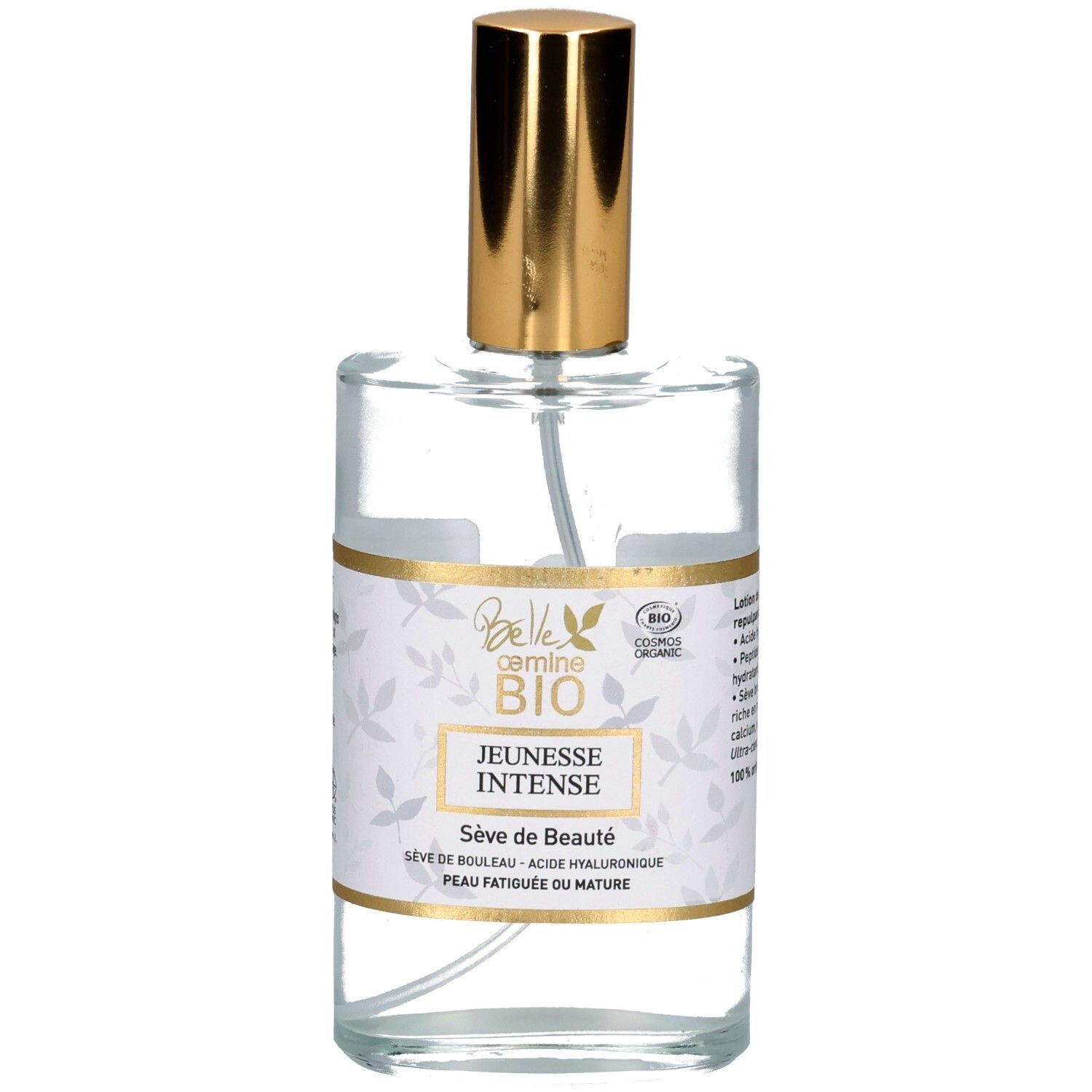 Glasflasche mit Pumpsprühkopf und goldenem Verschluss. Frontetikett mit Produktbezeichnung und Bio-Siegel.