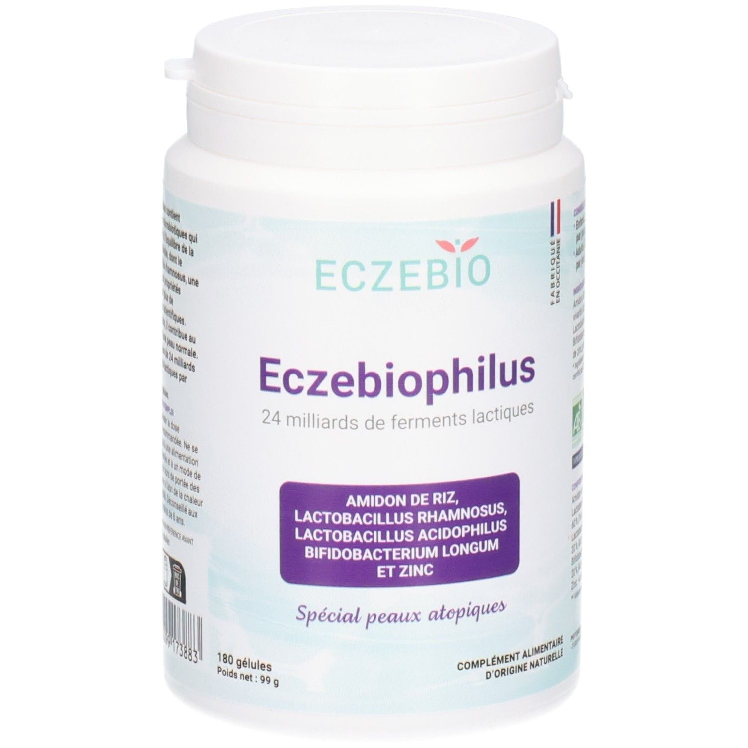 Weiße Dose mit Eczebiophilus-Kapseln, 24 Milliarden Milchsäurebakterien, für atopische Haut.