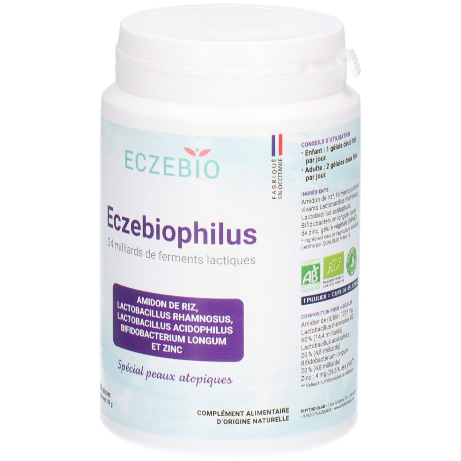 Vorderseite der Eczebiophilus-Dose mit Bio-Siegel und Inhaltsstoffen.