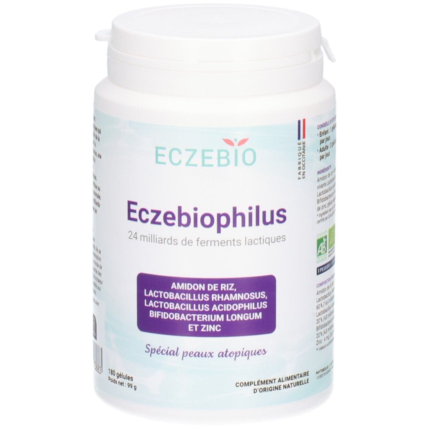 Vorderseite der Eczebiophilus-Dose, 24 Milliarden Milchsäurebakterien, für atopische Haut.