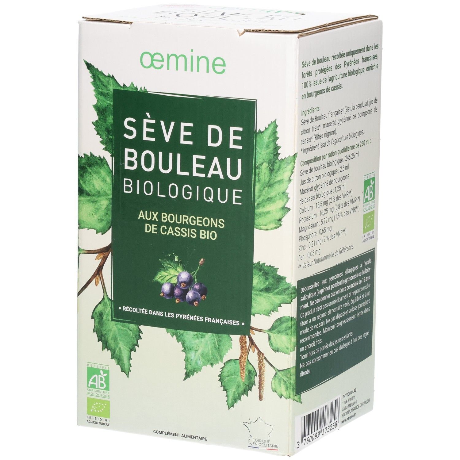 Verpackung mit Birken- und Johannisbeerblättern, "Sève de Bouleau Biologique" Aufschrift.