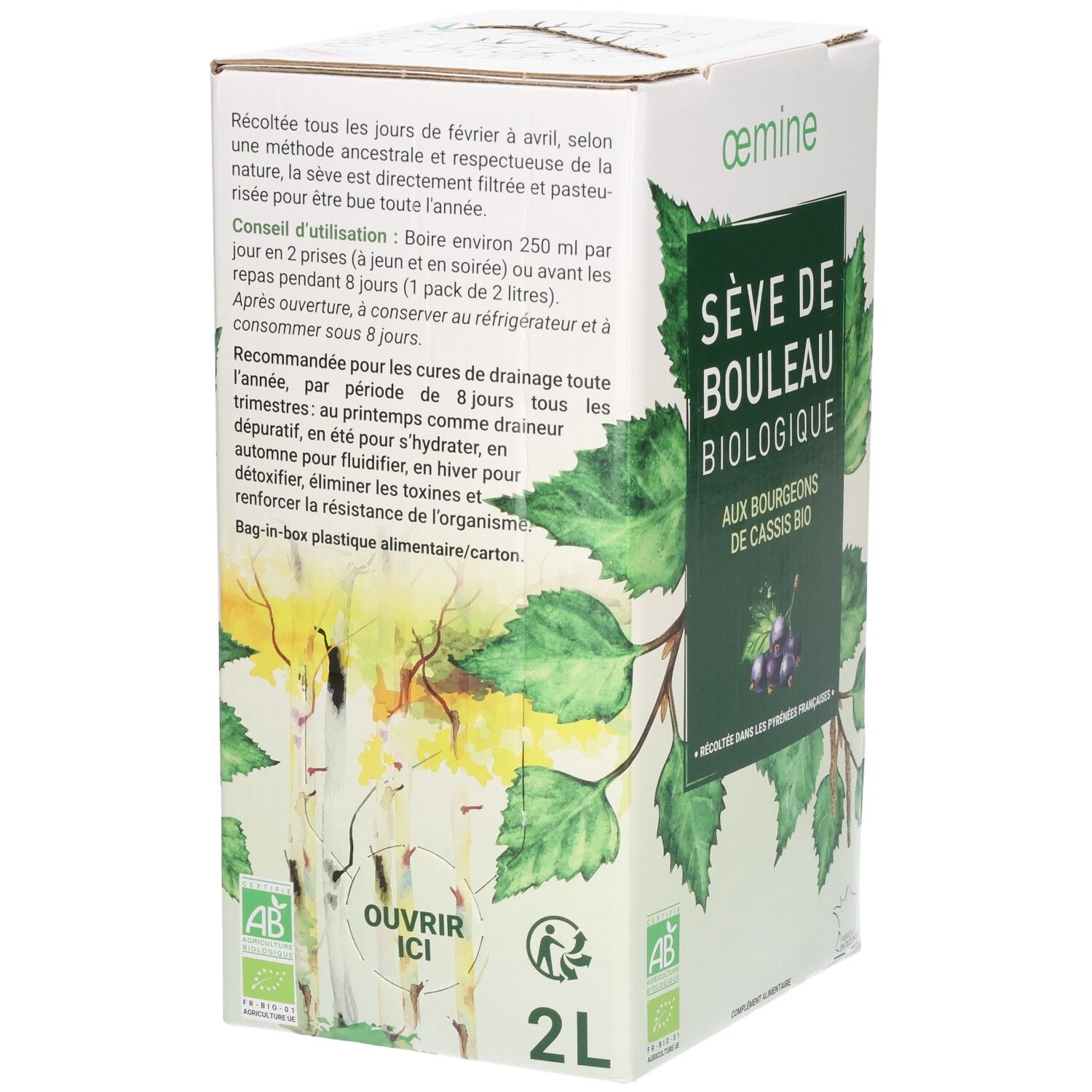 Verpackung mit Birken- und Johannisbeerblättern, "2L" und "Ouvrir Ici" Aufschrift.