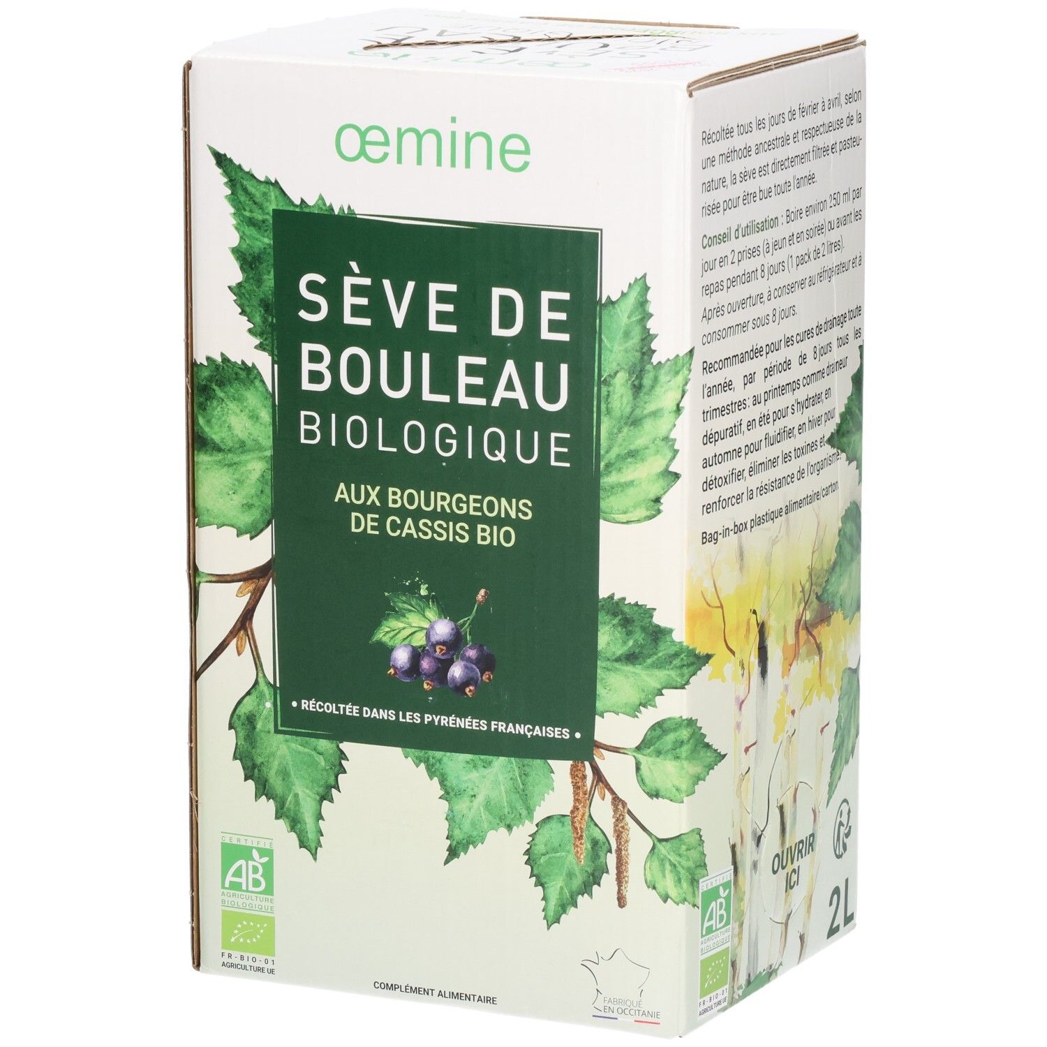Verpackung mit Birken- und Johannisbeerblättern, "Sève de Bouleau Biologique" Aufschrift.