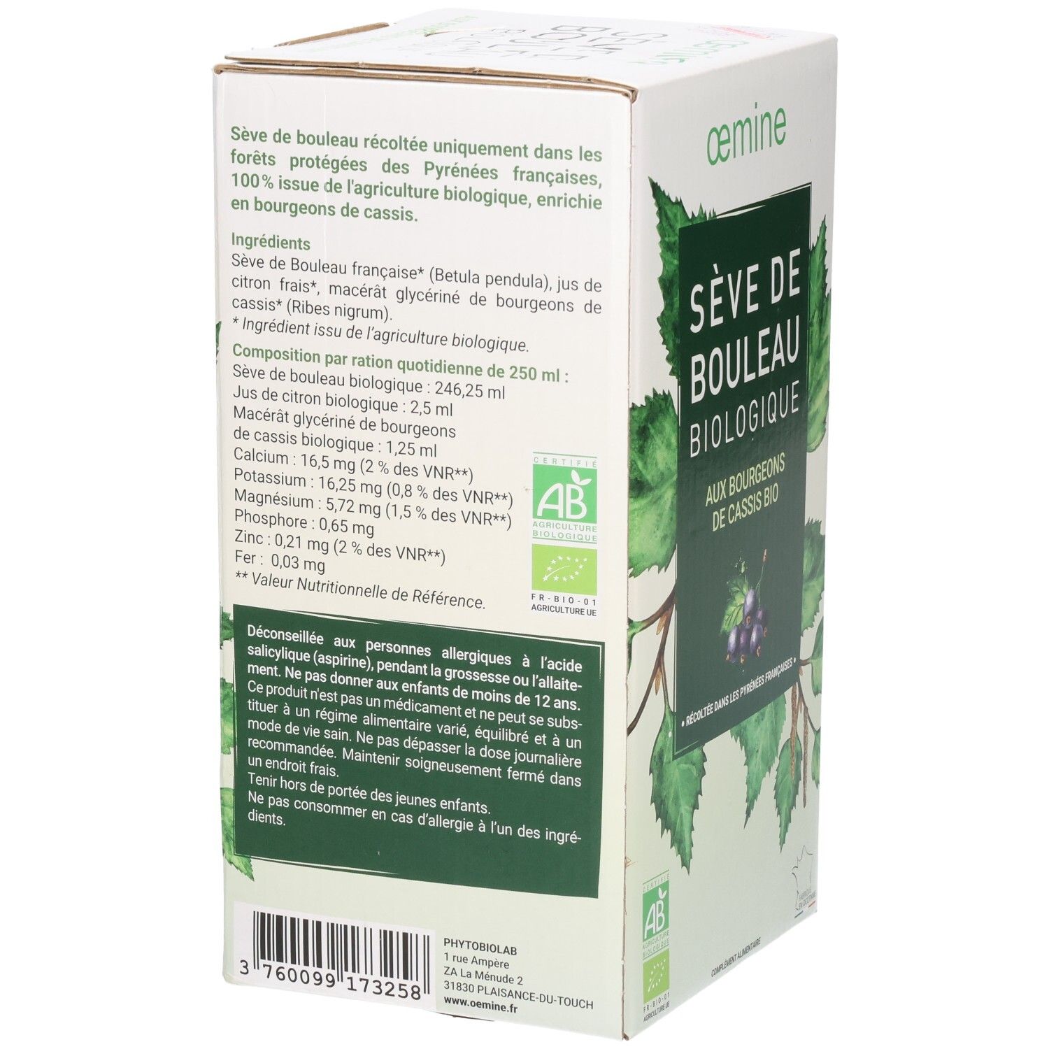 Rückseite der Verpackung mit Zutatenliste und Nährwertangaben, "Sève de Bouleau Biologique" Aufschrift.