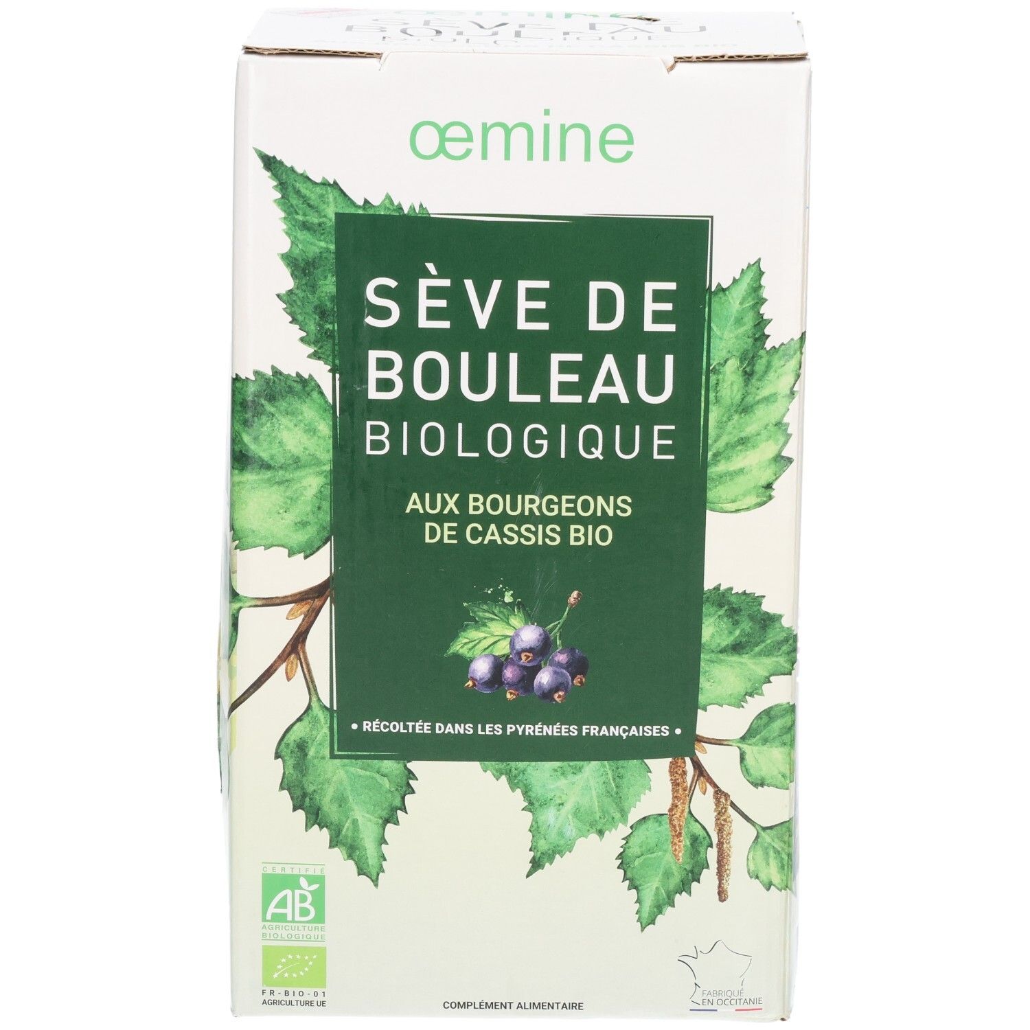 Verpackung mit Birken- und Johannisbeerblättern, "Sève de Bouleau Biologique" Aufschrift.