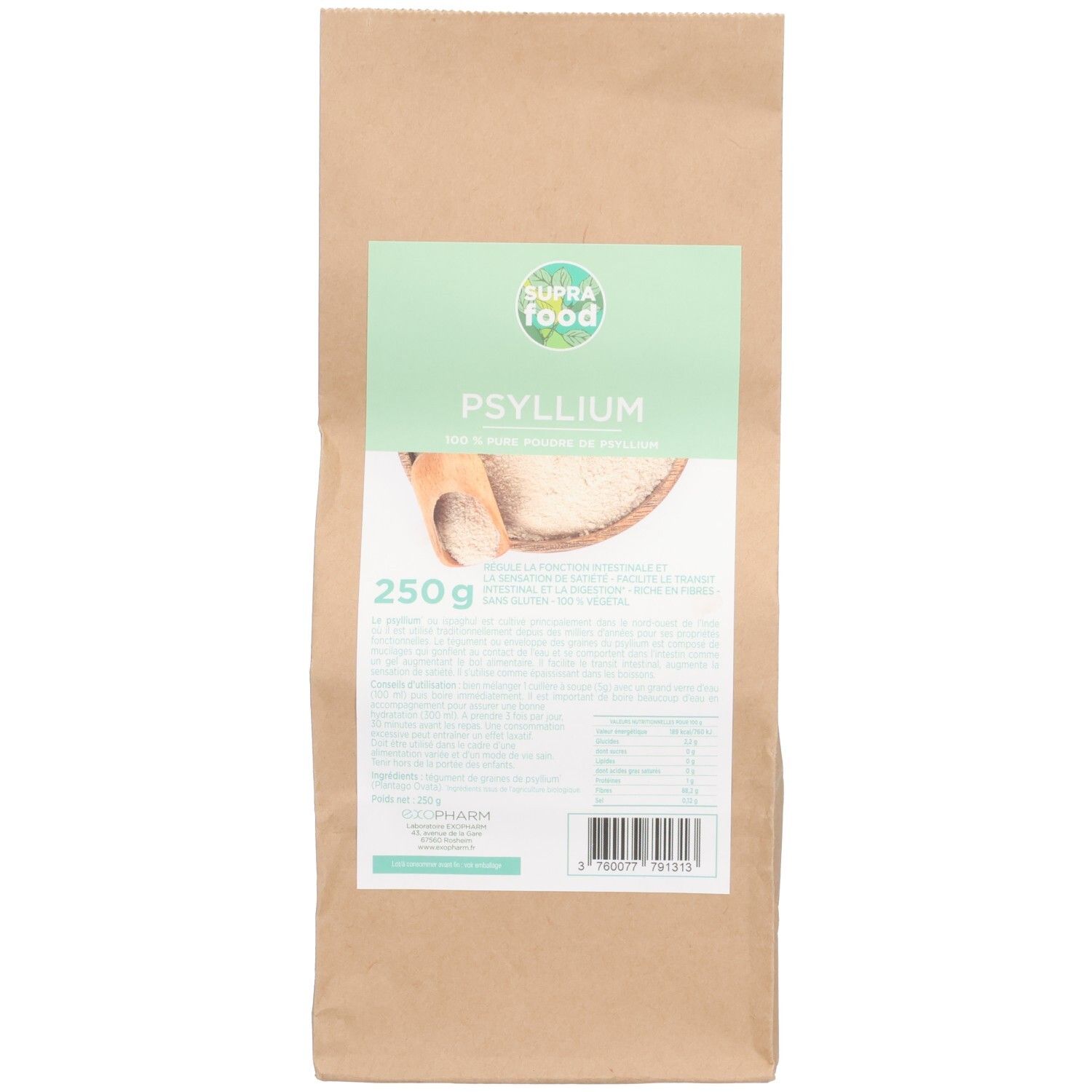 Beutel mit SUPRAFOOD PSYLLIUM PDR. Grün-weißes Etikett mit Produktname und 250g. Braune Papierverpackung.