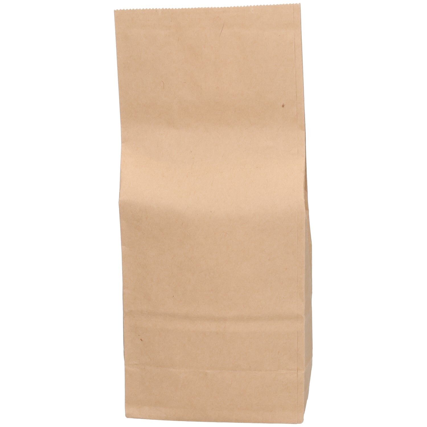 Braune Papiertüte, Ansicht von vorne. Geschlossene Verpackung, ohne weitere Details sichtbar.