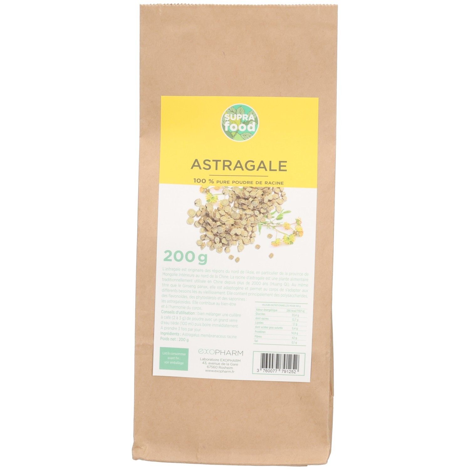 Beutel mit gelbem Etikett. Aufschrift: SUPRAFOOD, ASTRAGALE, 200g. Darstellung von Pflanzenmaterial.