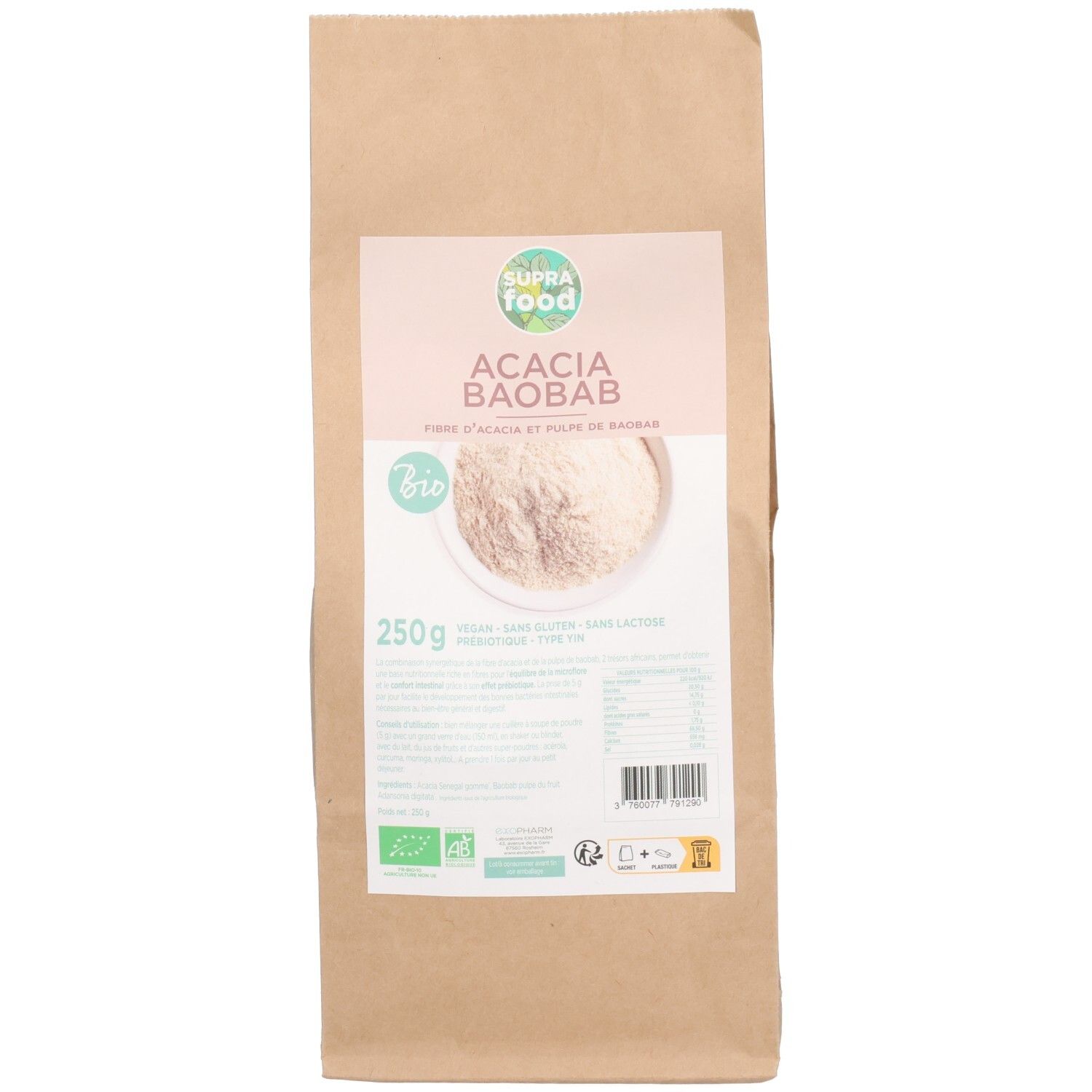 Beutel mit SUPRAFOOD ACACIA/BAOB PDR BIO. Aufdruck mit Produktnamen, Logo und Inhaltsangaben. Bio-Zertifizierung.