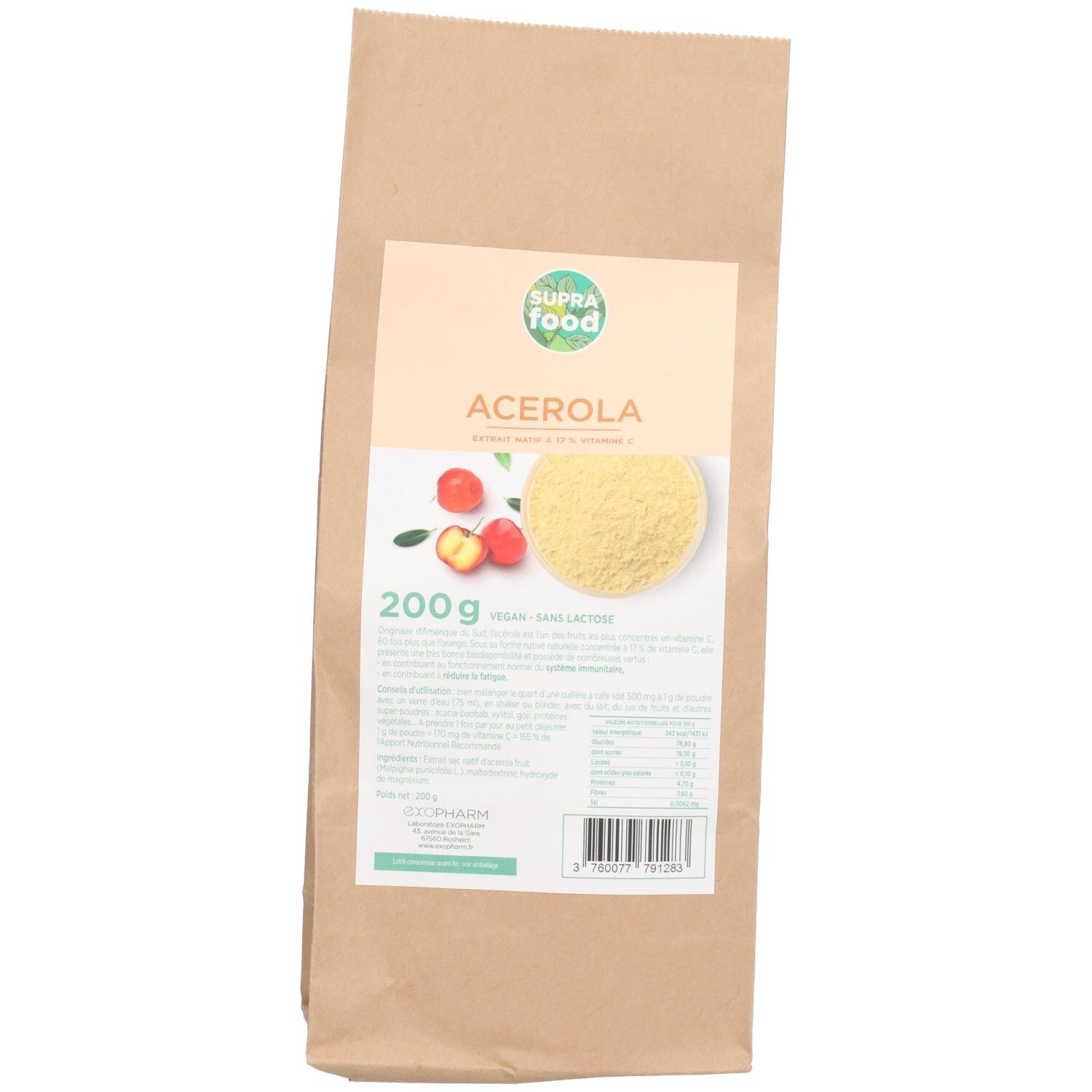Beutel mit SUPRAFOOD ACEROLA PDR. Aufdruck mit Produktname, Acerola-Abbildung, 200g, vegan, ohne Laktose. Grün-weiße Etikettendetails.