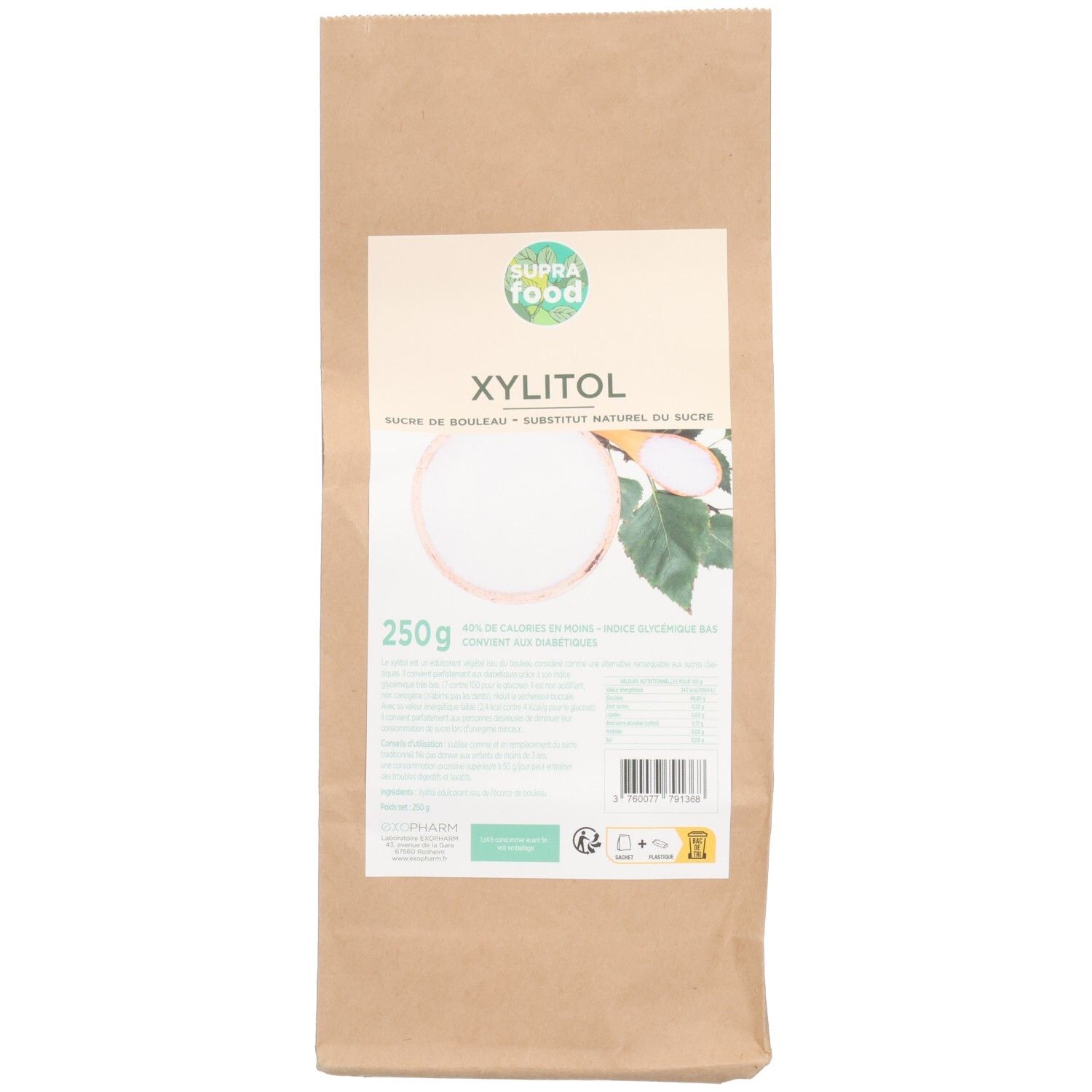 Braune Papiertüte mit weißem Etikett. Aufschrift: SUPRAFOOD, XYLITOL, 250g. Natürlicher Zuckerersatz.