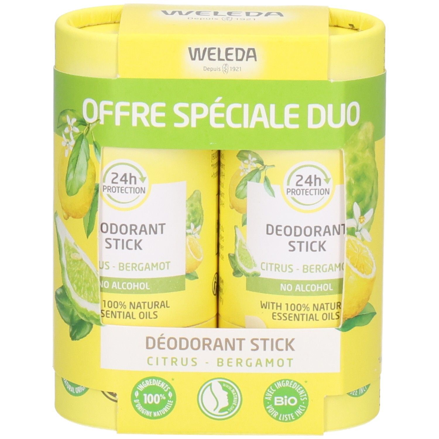 Gelbe Duo-Verpackung mit zwei Deodorant-Sticks. Aufdrucke: "24H Protection", "Citrus-Bergamote", "100% Natural Essential Oils".