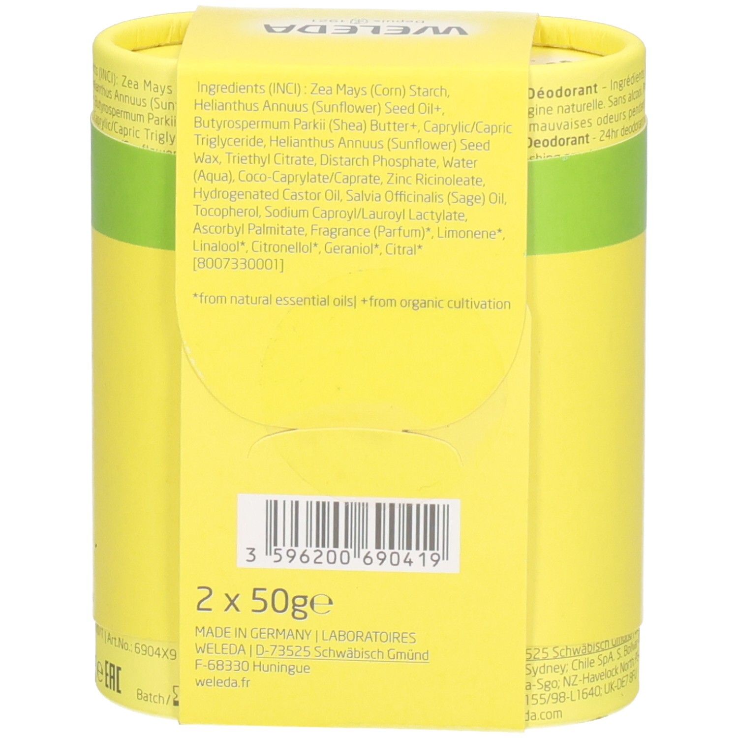 Rückseite der Duo-Verpackung. Enthält Inhaltsstoffe, Herstellerinformationen und das Bio-Siegel. Zwei Deodorant-Sticks sind sichtbar.